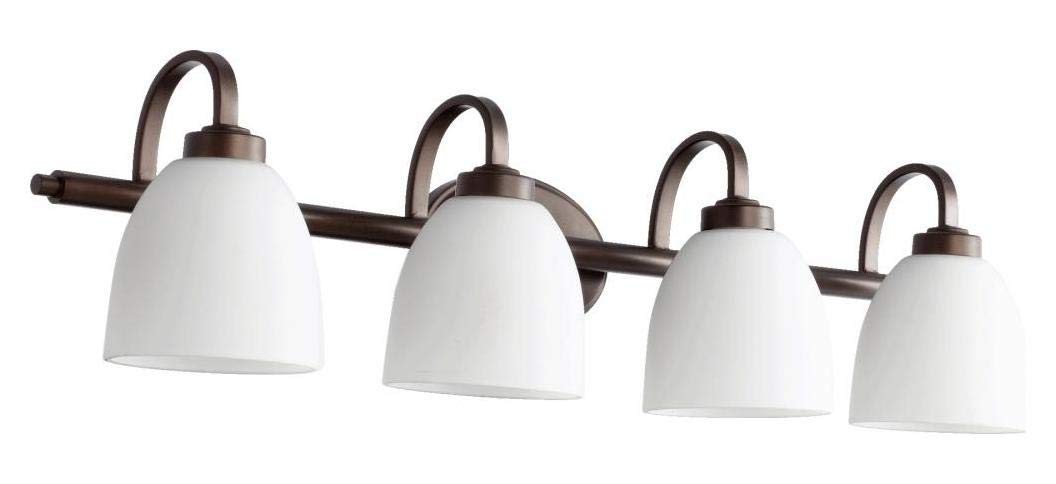 4-Light Oiled Bronze Vanity Light Fixture with Satin Opal Glass Shades - Perfect for Bathroom, Bedroom, and Dressing Room Lighting
