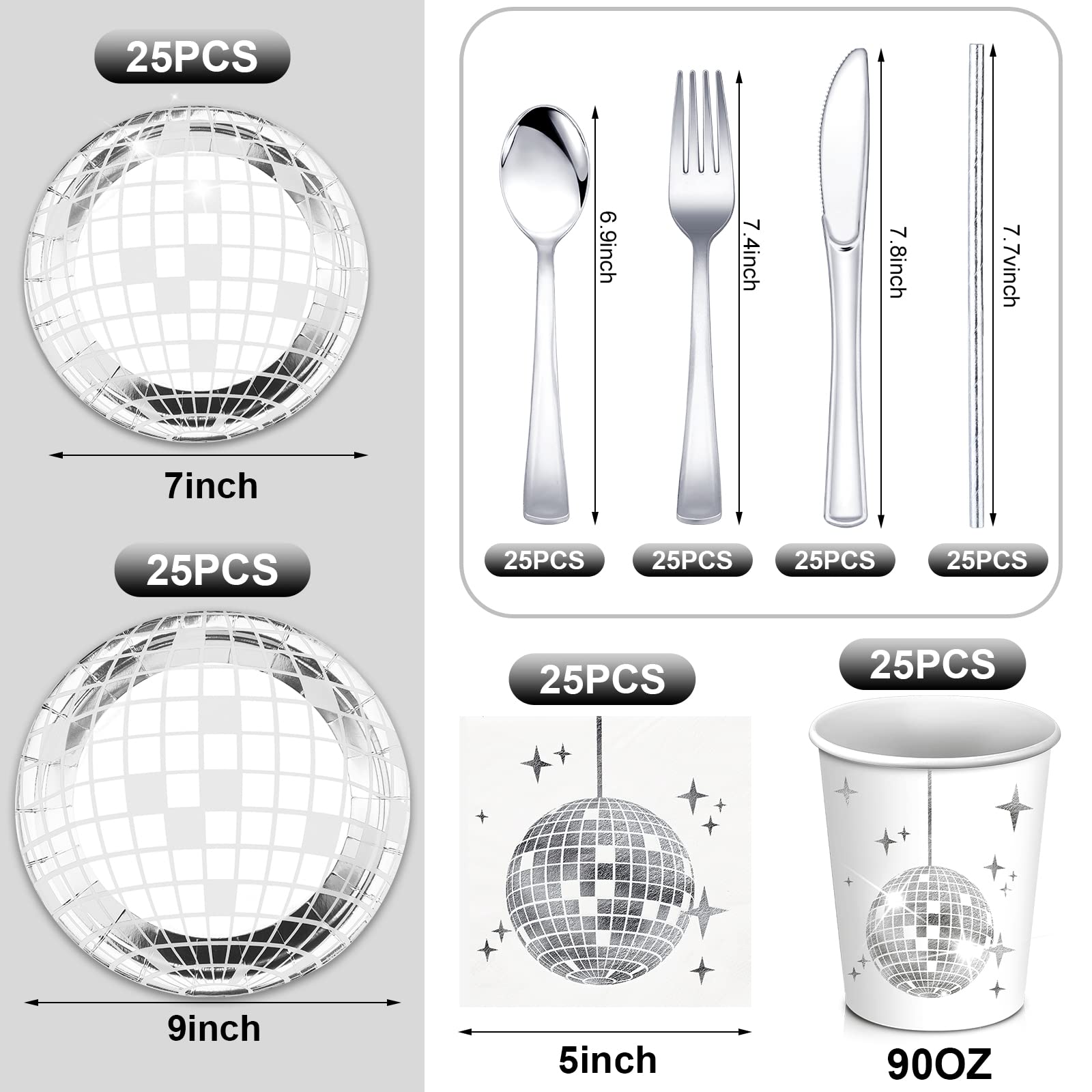 Marsui 201 Pcs Disco Ball Party Decorations Kit - 70s Theme Party Supplies with Glitter Table Runner, Disco Ball Plates, Napkins, Paper Cups & Straws for Birthday, New Year Celebrations (Silver) | Perfect for Themed Parties, Disco Nights & Retro Events