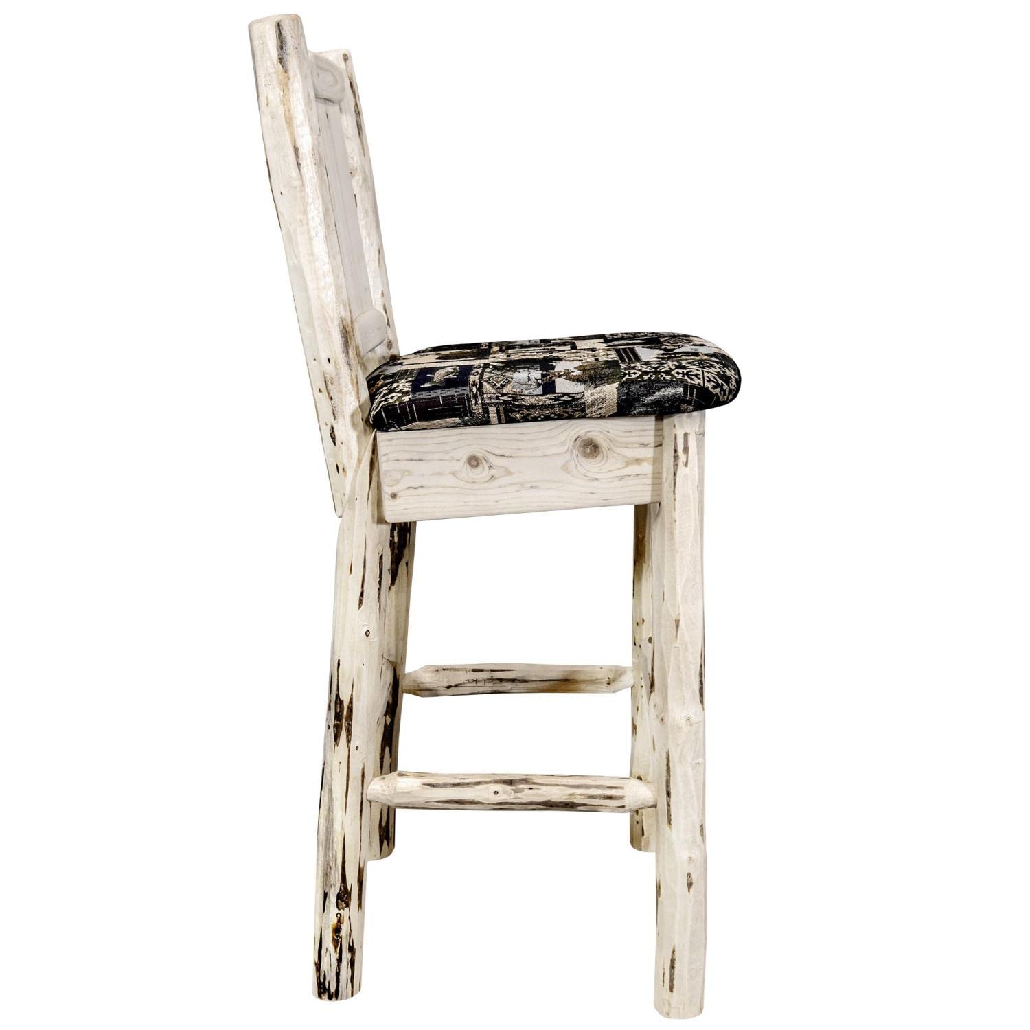 Montana Collection Barstool with Back - Woodland Upholstery, Laser Engraved Pine Tree Design, Clear Lacquer Finish - Perfect for Kitchen Islands, Home Bars & Rustic Cabin Decor