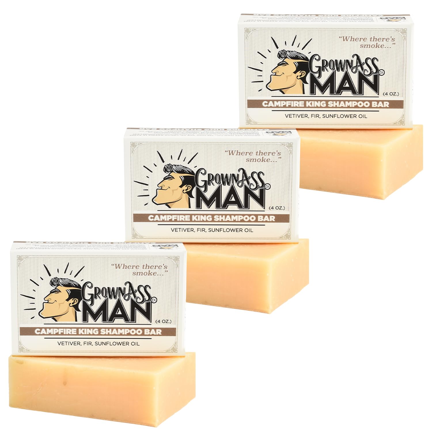 Natural Solid Shampoo Bar 3-in-1 for Hair, Beard & Body - Plastic-Free, Eco-Friendly Organic Cleanser for All Hair Types | Rich Lather, 4oz (Campfire King Scent, 3-Pack) - Perfect for Travel, Camping & Zero-Waste Lifestyle