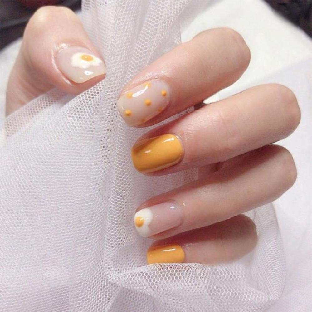 Mango Yellow False Nails - Cartoon Poached Egg Design, Summer Cute Fake Nails, Full Cover Nail Tips for Women | Perfect for Parties, Vacations & Everyday Wear