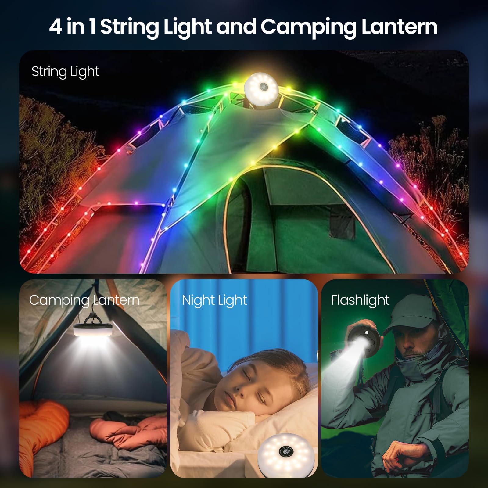 Rechargeable LED Camping String Lights - 4-in-1 Outdoor Lights with 8 Modes, IP44 Waterproof for Hiking, Backpacking, Tent, Yard & Christmas Decorations | Perfect for Camping, Emergency Lighting & Holiday Party Decor