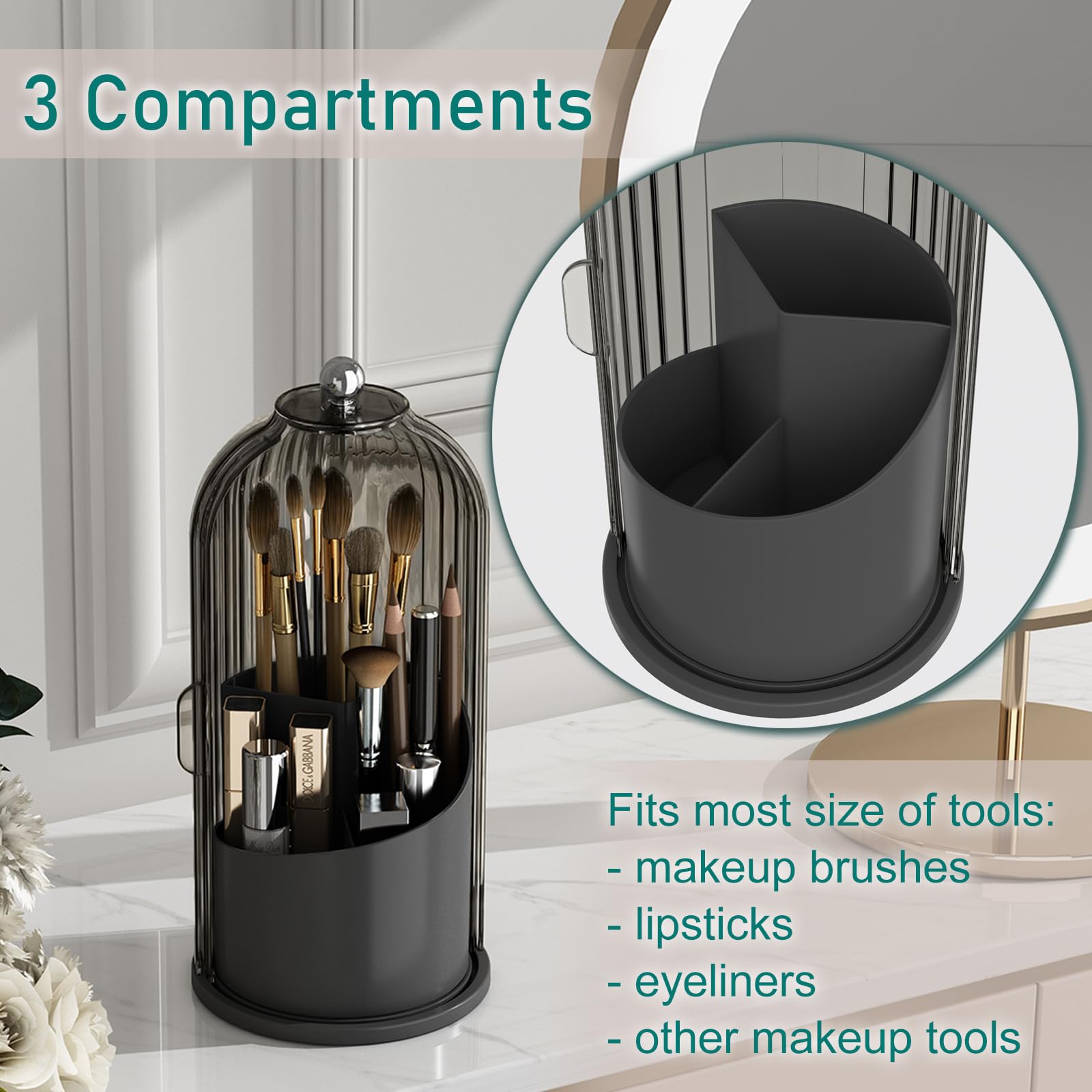 360° Rotating Waterproof Makeup Brush Holder with Lid - Dustproof Cosmetic Organizer for Beauty Brushes & Tools | Vanity Storage for Home, Salon, Travel (Black-Grey)