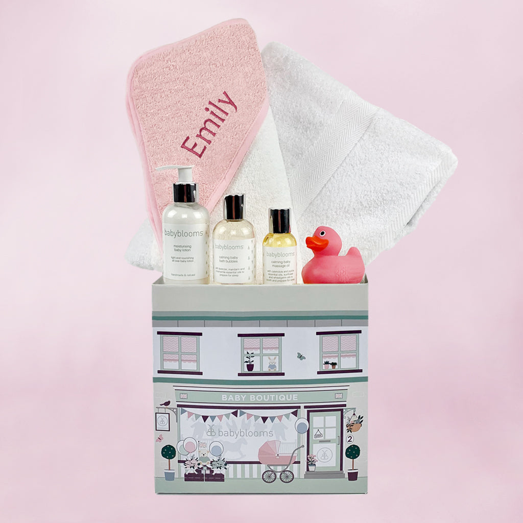 Personalized Baby Bathtime Gift Basket - Pink Baby Shower & Newborn Essentials Set for Bath Time, Spa & Nursery Decor