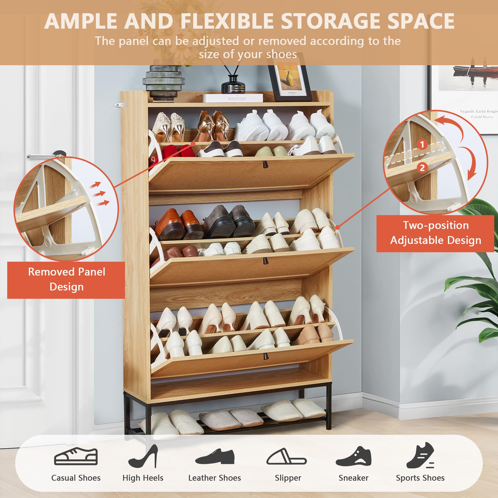 LEVNARY 3-Tier Flip Drawer Shoe Storage Cabinet - Freestanding Wooden Shoe Organizer with Metal Legs for Entryway & Hallway | Space-Saving Narrow Shoe Rack for Small Spaces (Natural Oak) | Perfect for Apartment Living, Closet Organization & Entryway Storage