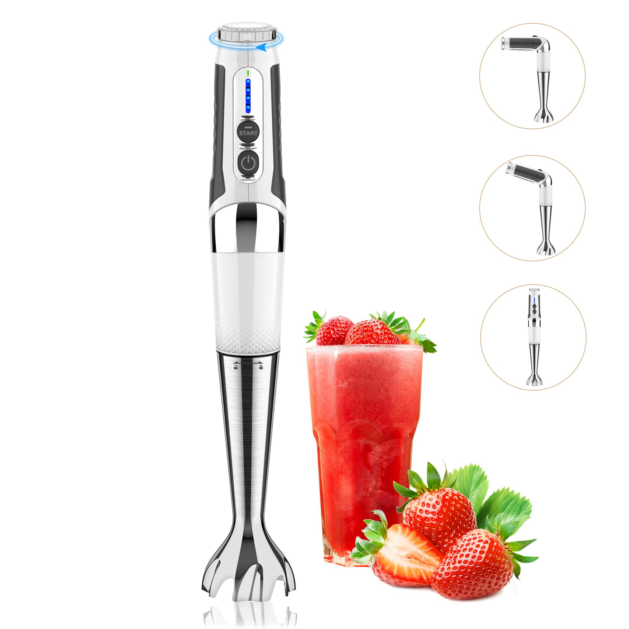 Powerful 21-Speed Cordless Immersion Blender - Rechargeable Handheld Blender with 3-Angle Adjustable Stainless Steel Blades for Smoothies, Soup, Baby Food & Puree - Perfect for Kitchen, Camping & Small Spaces (White)