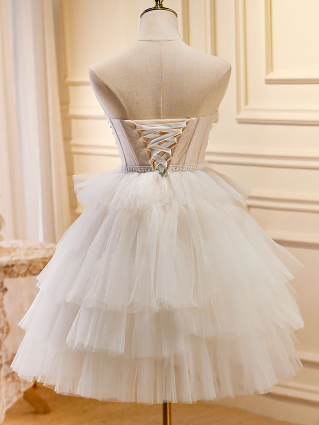Beige Sweetheart Neck Tulle Puffy Short Prom Dress for Homecoming, Quinceañera, Party - Elegant Beige Formal Dress for Teens & Juniors