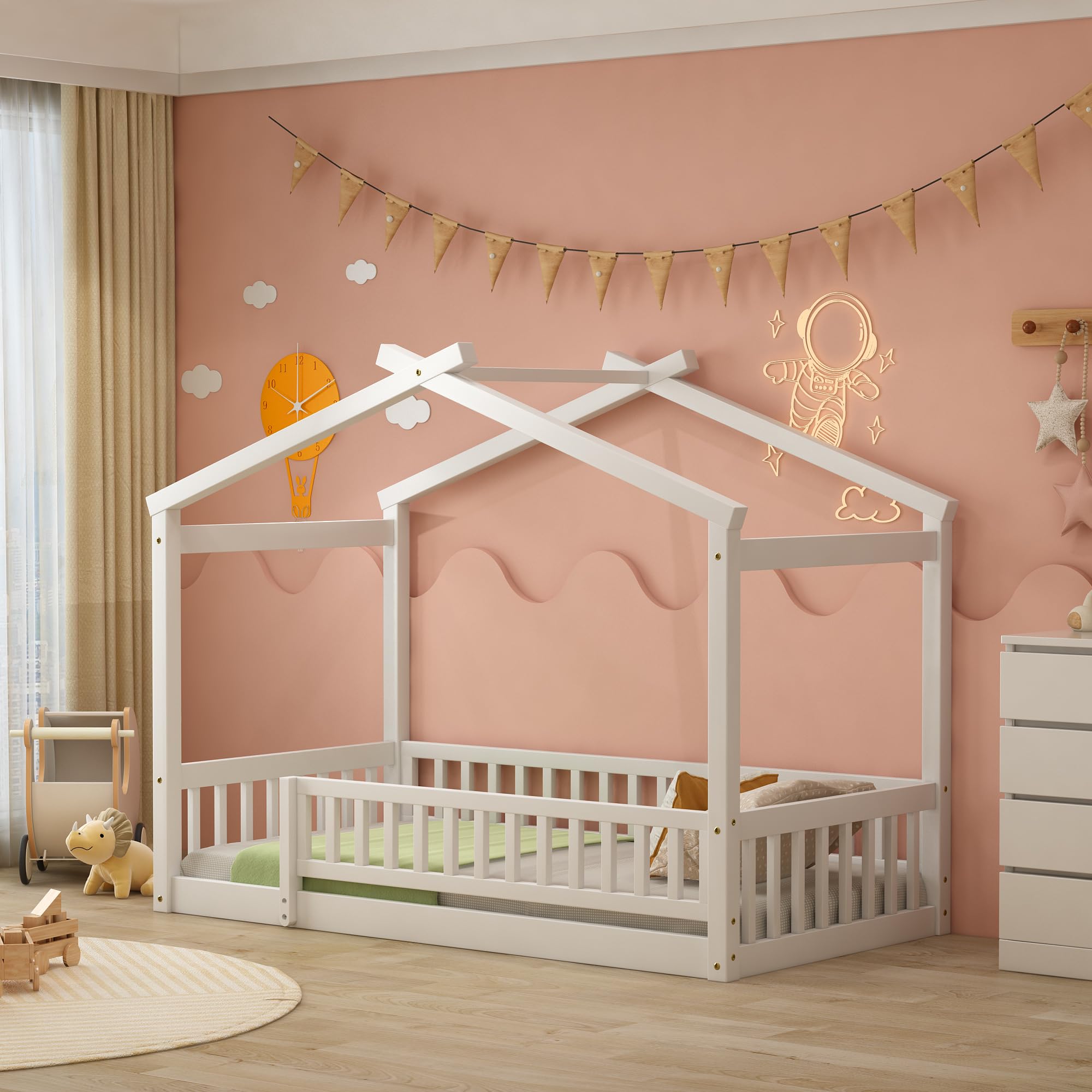 Merax Twin Size Wooden House Bed with Fence - Sturdy Wood Bed Frame with Roof & Safety Guardrail for Kids, Teens, Boys or Girls (White) - Perfect for Nursery, Bedroom, Playroom & Kids' Room Decor