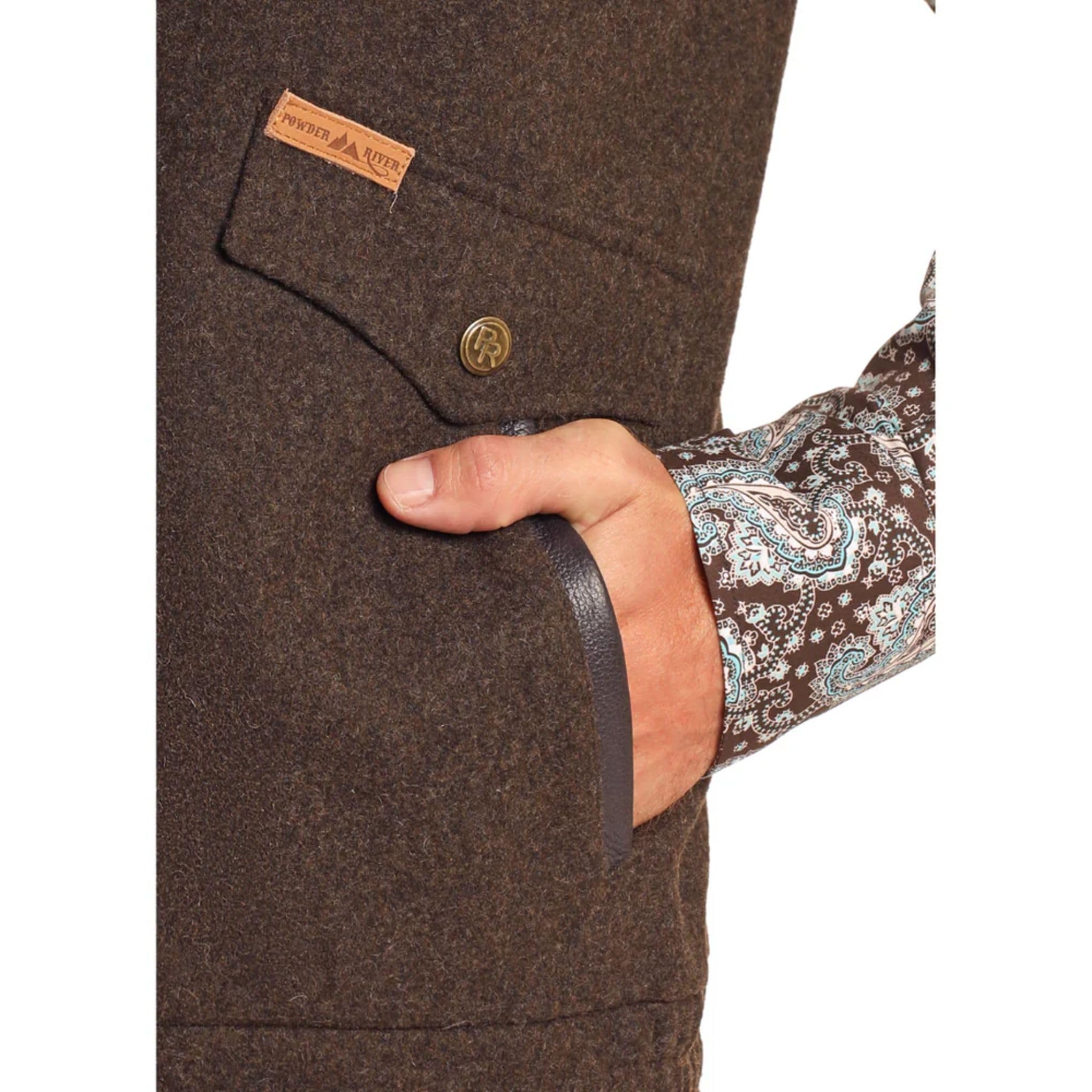 Powder River Outfitters Men's Brown Heathered Wool Vest with Distressed Leather Collar - Holbrook Style 98-5619 (Large) - Perfect for Outdoor Adventures, Hunting & Casual Wear