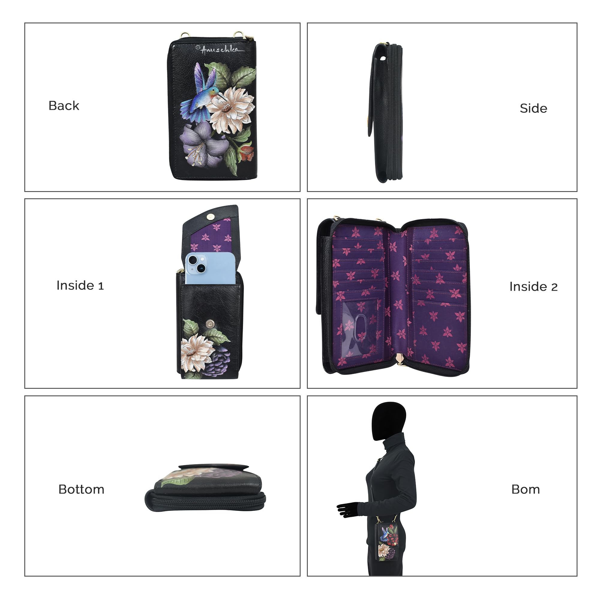 Anuschka Women's Original Hand-Painted Genuine Leather Crossbody Phone Case - Stylish & Durable Small Purse for iPhone, Perfect for Shopping, Travel & Everyday Use