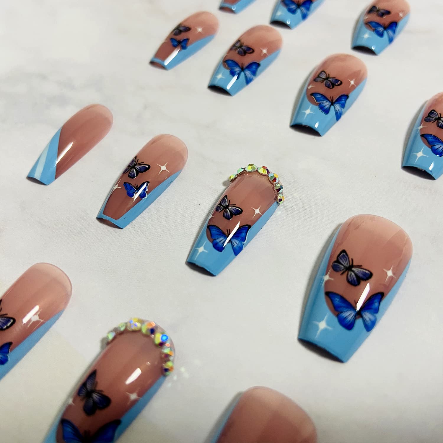 Elegant Blue French Tip Press on Nails with Butterfly Rhinestones - Medium Length Fake Nails, 24PCS Full Cover Glue on Acrylic Artificial Nails - Perfect for Parties, Weddings, and Special Occasions