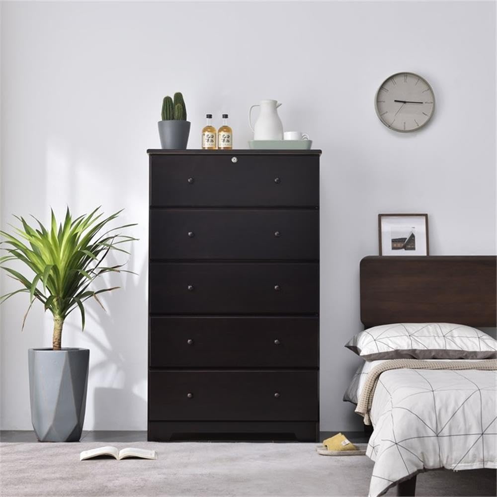 Better Home Products Isabela Solid Pine Wood 5-Drawer Chest Dresser in Tobacco Finish - Perfect for Bedroom Storage, Nursery Organization & Guest Room Furniture