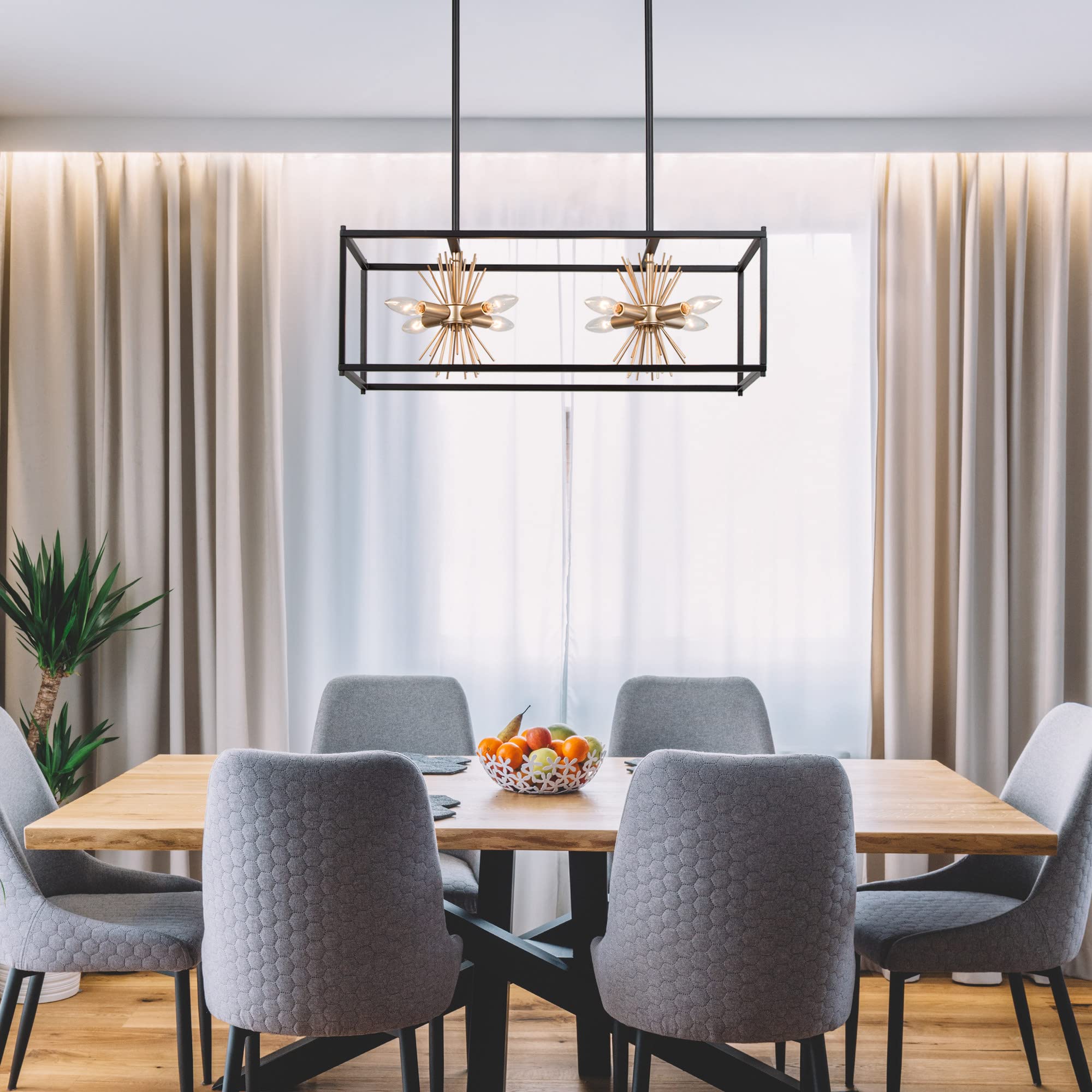 Uolfin Black Gold Chandelier - Modern Farmhouse 8-Light Rectangular Island Lighting Fixture for Kitchen, Dining Room & Living Room | Perfect for Rustic Home Decor, Open Concept Spaces & Luxury Interior Design