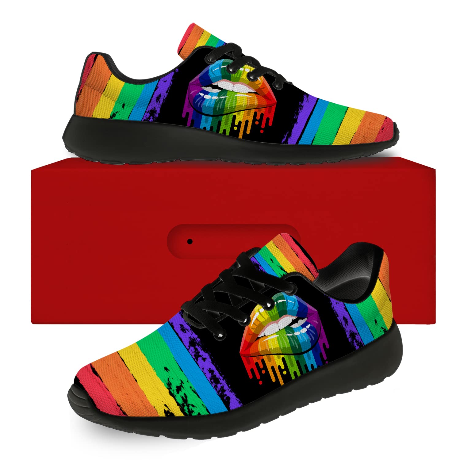 LGBTQ Pride Running Shoes for Women & Men - Comfortable Walking & Tennis Sneakers with Rainbow & Lips Design - Size 7.5 Men/9 Women in Black - Perfect for Pride Parades, Gym Workouts & Casual Wear