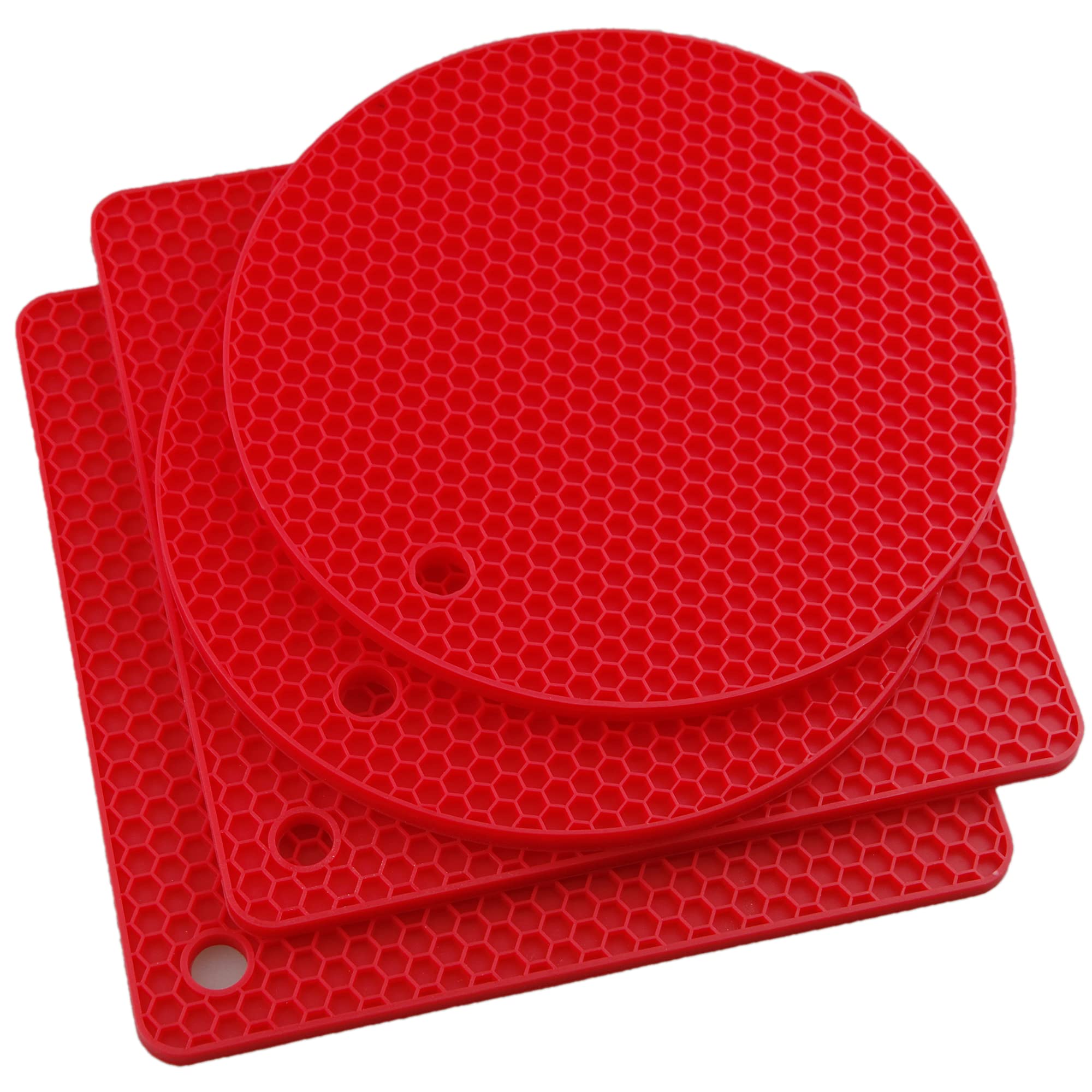 4-Piece Red Silicone Trivet Set for Pots & Pans - Heat Resistant Hot Pads, Countertop Protectors & Spoon Rests (2 Round + 2 Square) - Perfect for Kitchen, Dining Table & Outdoor BBQ Use