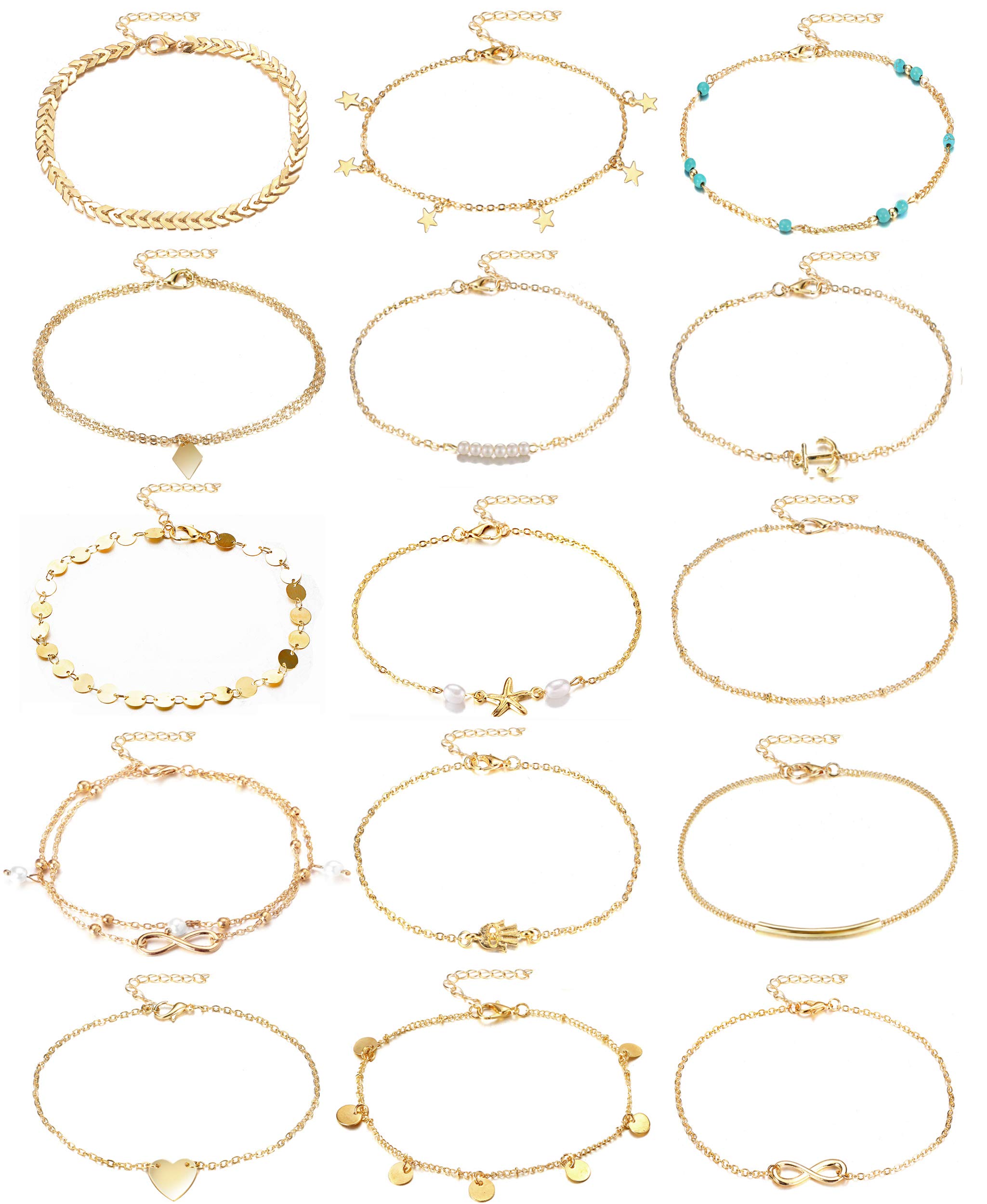15 PCS Women's Adjustable Ankle Bracelets Set - Gold & Silver Layered Chain Anklets for Beach, Summer & Casual Wear - Foot Jewelry for Everyday Style