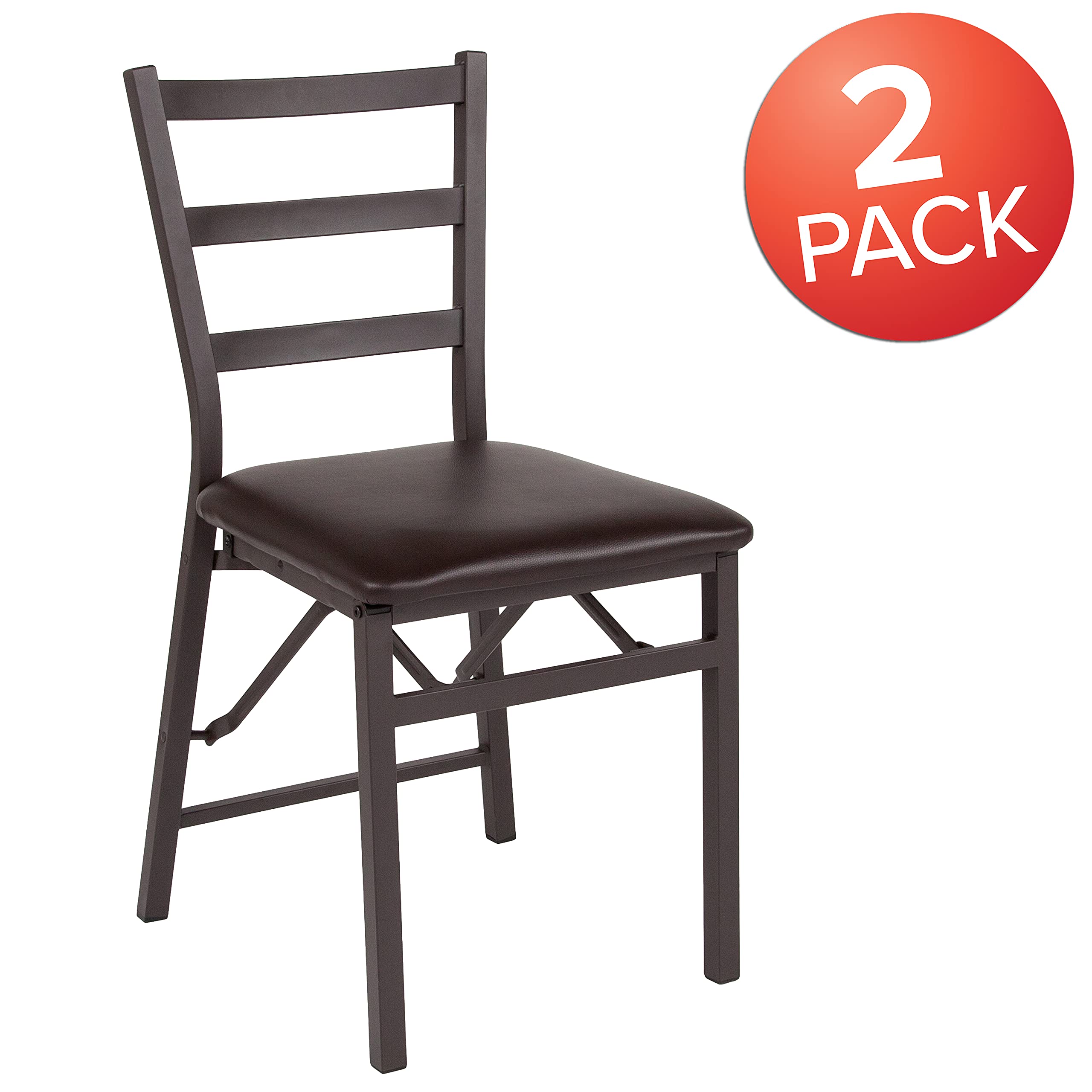 EMMA + OLIVER 2 Pack Metal Folding Chairs with Brown Vinyl Seat - Sturdy Ladder Back Design for Indoor/Outdoor Events, Parties, and Dining