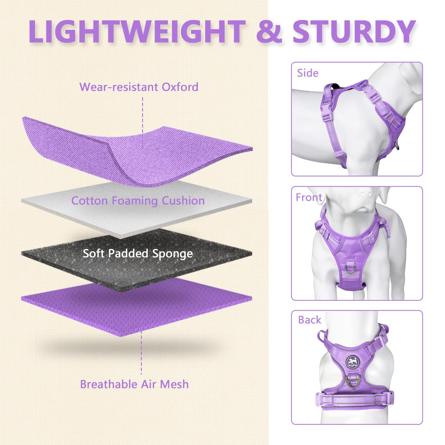 PoyPet No Pull Dog Harness - Reflective Adjustable Pet Vest with Padded Handle for Small Medium Large Dogs - Light Purple XL | Walking, Running & Outdoor Adventures