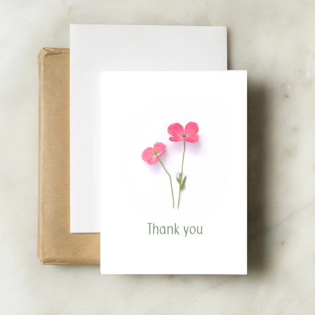 Elegant Bottle Branch Botanical Thank You Card with Tiny Poppies - Perfect for Weddings, Anniversaries & Special Occasions