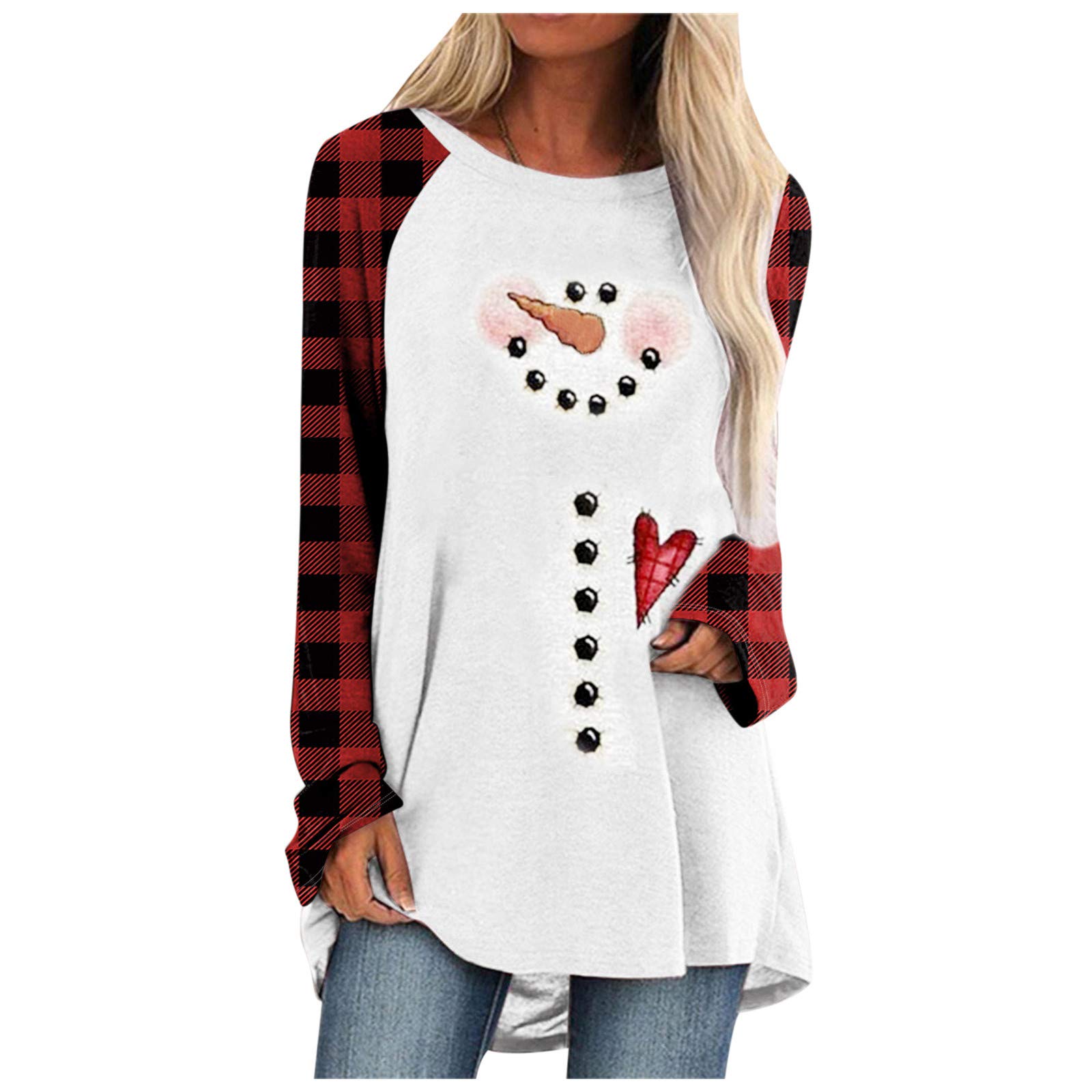 Women's Casual Christmas Print Plaid Raglan Long Sleeve Blouse Tops - Festive Holiday Shirts for Parties, Family Gatherings & Winter Outfits