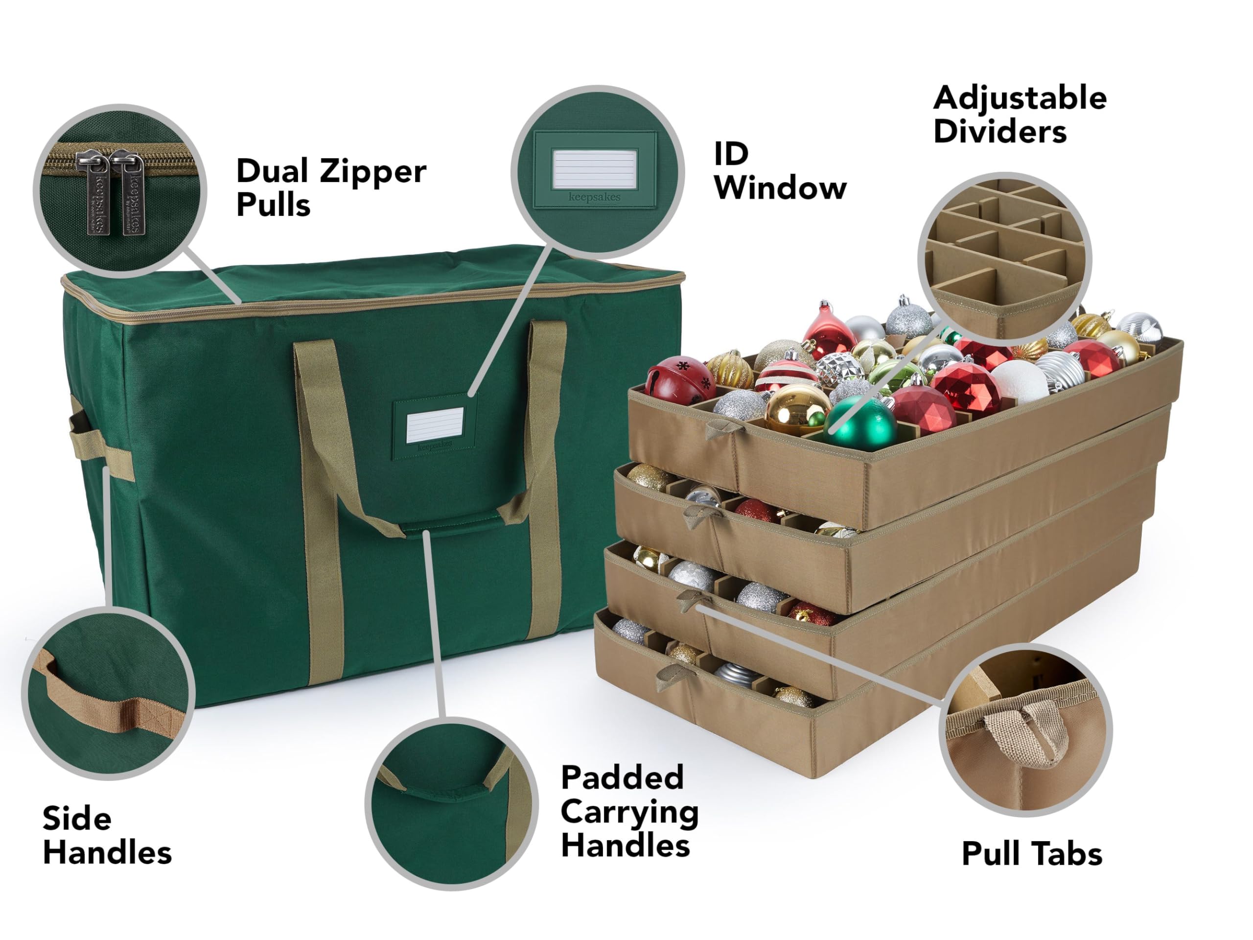 Covermates Keepsakes Adjustable Ornament Storage Bag with Carrying Handles & Padded Protection - Holiday Decoration Organizer for Christmas Tree Ornaments, Wreaths & Seasonal Decor (Green)