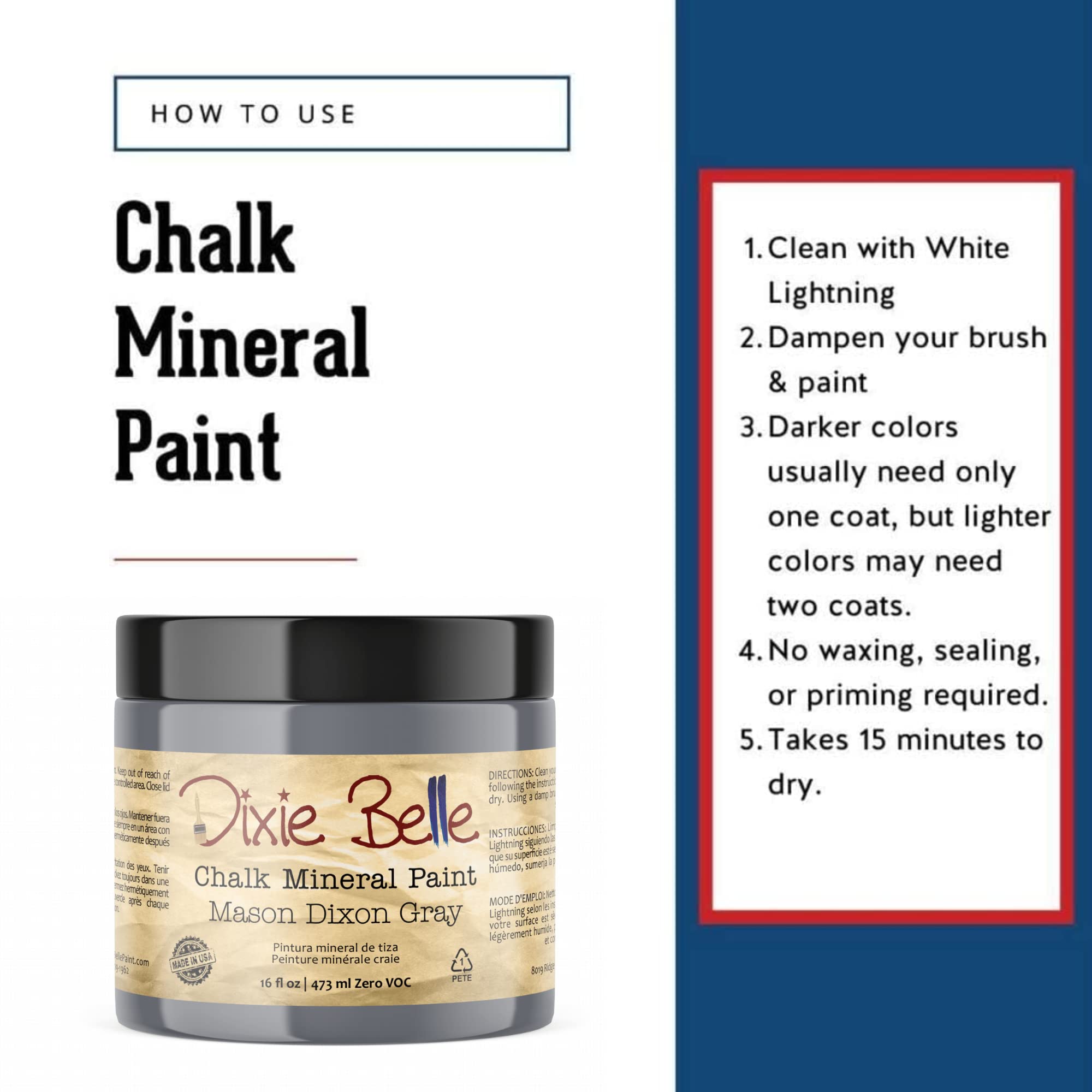 Dixie Belle Chalk Mineral Paint - Mason Dixon Gray (16oz) | Matte Charcoal Gray Furniture Paint for DIY Projects | Perfect for Upcycling Tables, Chairs & Home Decor