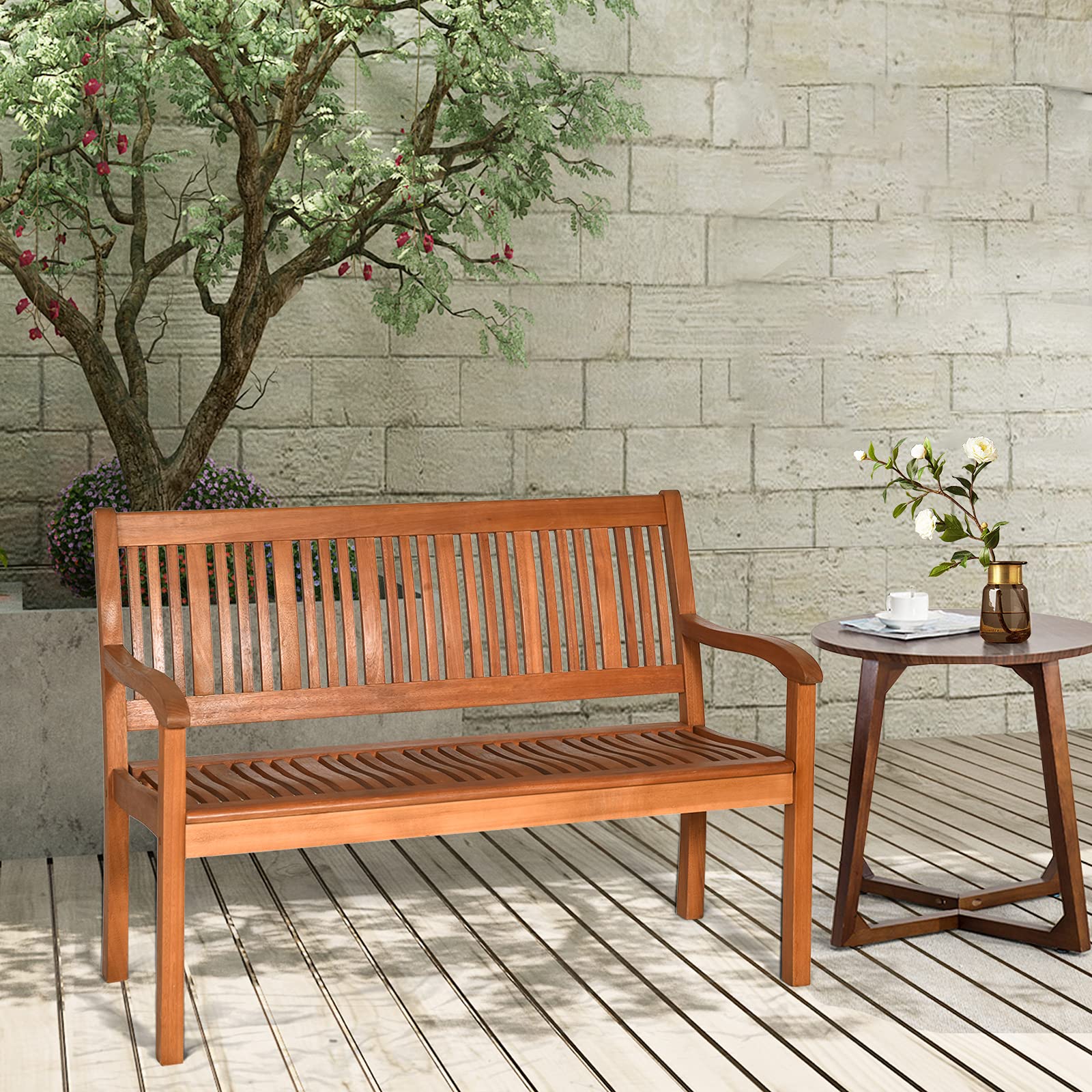 4FT Eucalyptus Wood Outdoor Bench - Teak Finish Patio Loveseat with Armrest & Backrest, Weather-Resistant Slatted Seating for Garden, Deck, Balcony or Poolside Relaxation