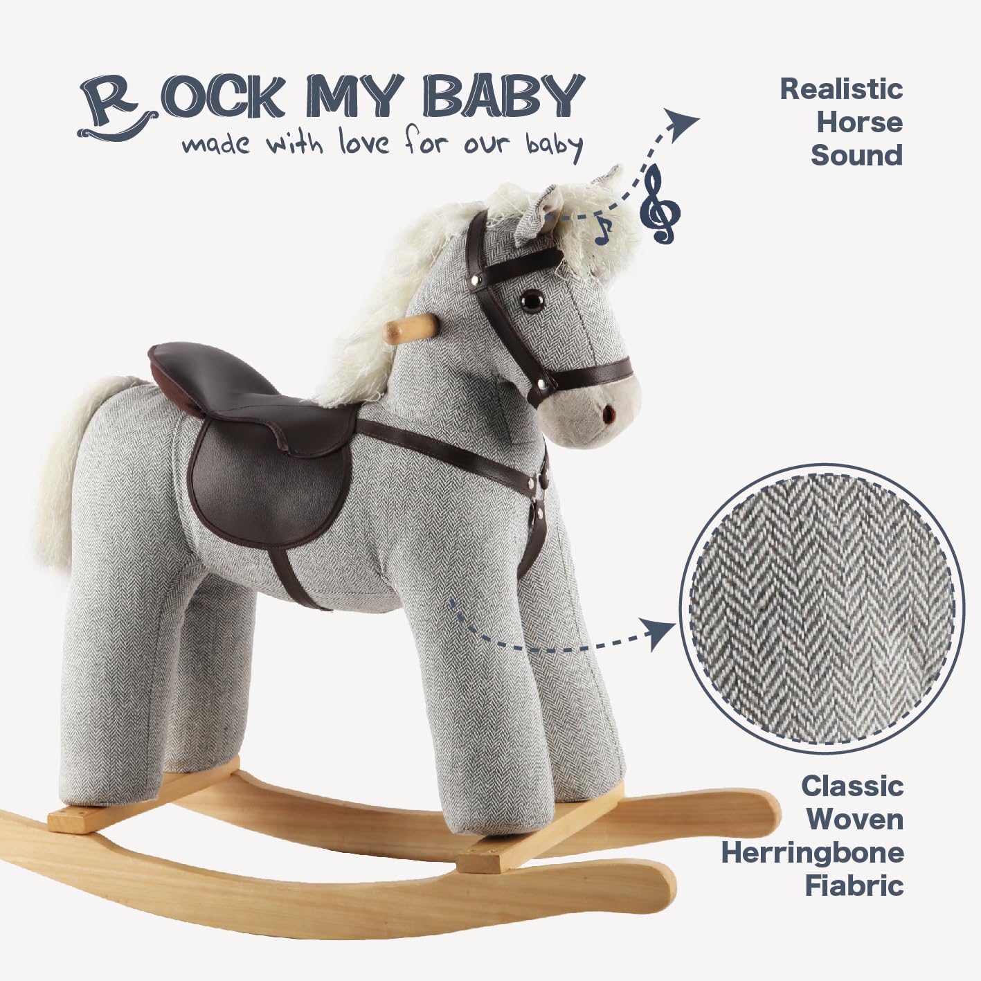 Gray Wooden Rocking Horse Toy with Realistic Sound - Safe & Fun Ride-On Pony for Kids | CPC Certified | Perfect for Nursery Decor & Toddler Playtime