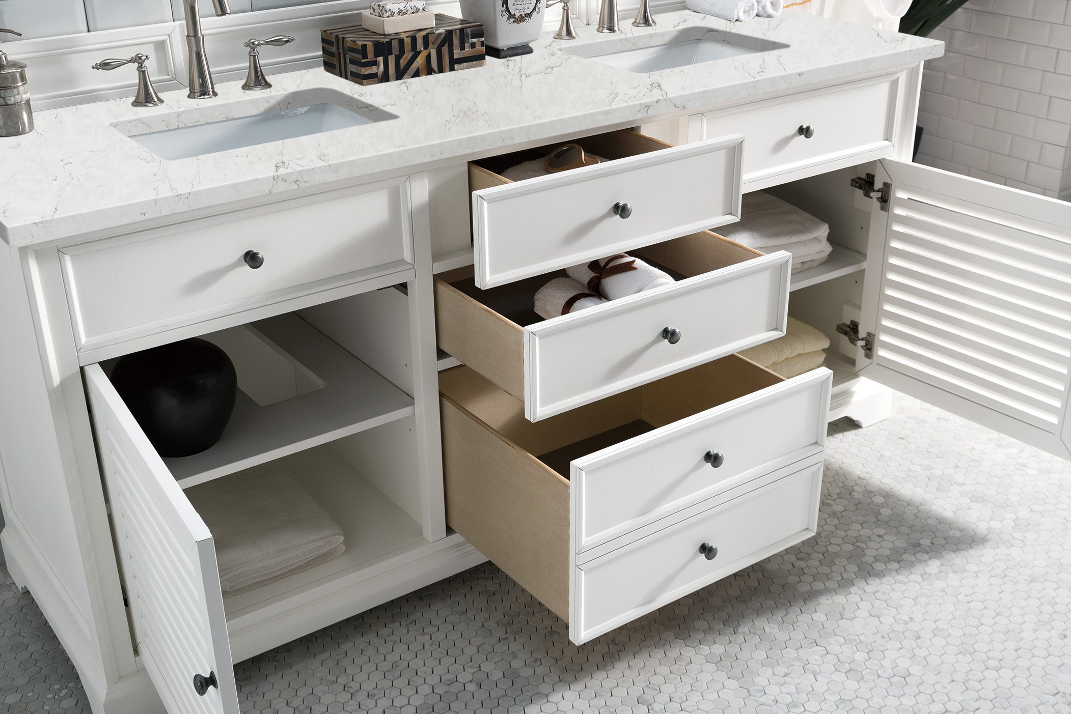 Savannah 72 Inch Double Vanity Cabinet with 3CM Eternal Jasmine Pearl Quartz Top - Bright White Bathroom Vanity for Master Bath & Guest Bath Remodel