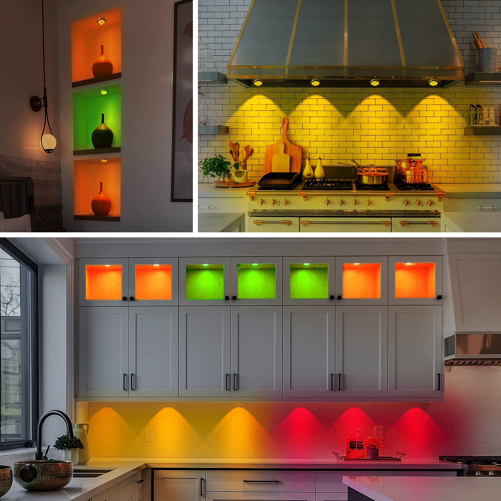 LEASTYLE Rechargeable Puck Lights with Remote - 16 Color Changing LED Under Cabinet Lights, Magnetic Closet & Counter Lights for Kitchen, Bedroom, Wardrobe (3 Pack) - Perfect for Accent Lighting & Nighttime Illumination