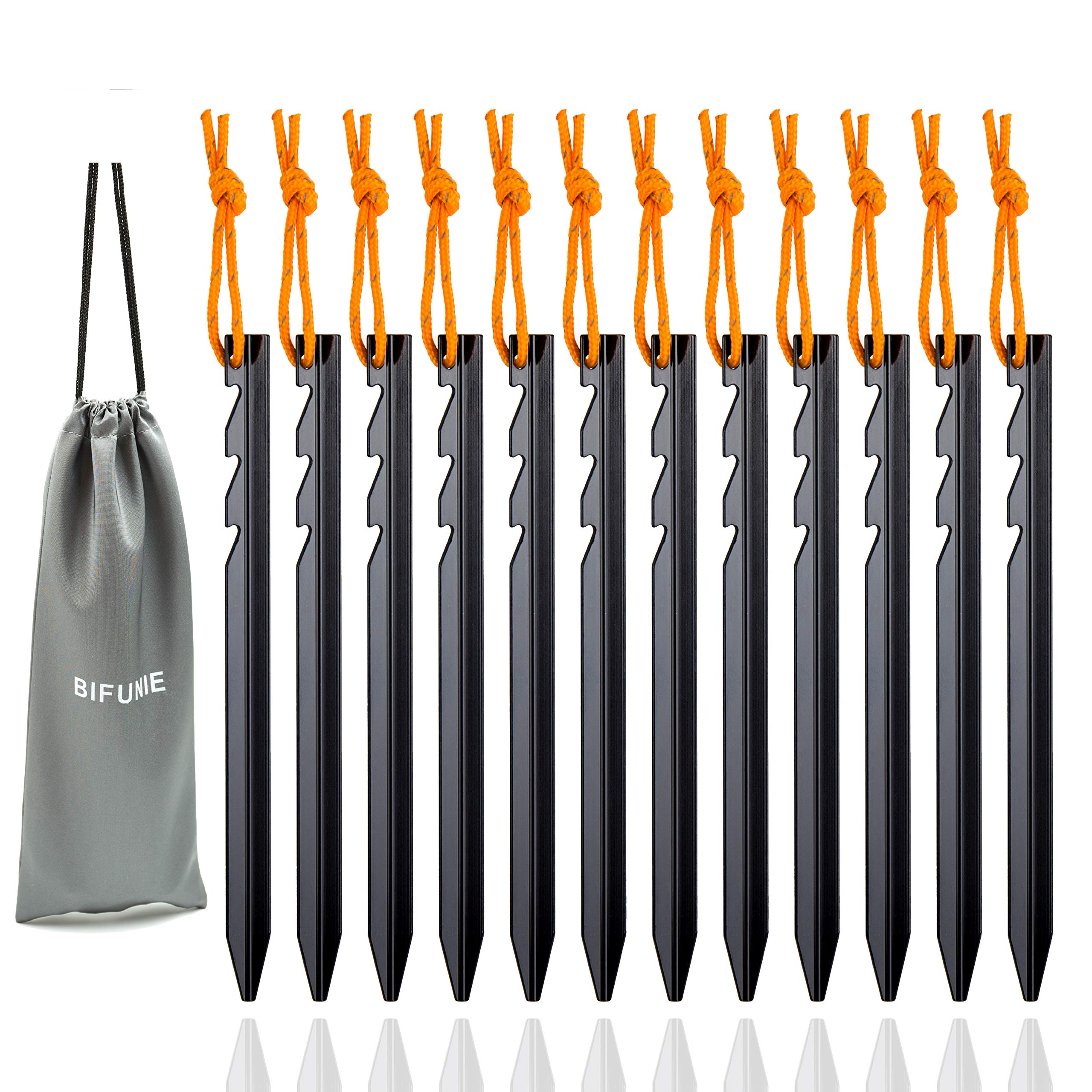 BIFUNIE 12-Pack Heavy Duty Aluminum Tent Stakes with Reflective Ropes - Tri-Beam Metal Ground Pegs for Camping, Backpacking, Hammocks & Canopy - Perfect for Outdoor Adventures, Hiking Trips & Beach Setups