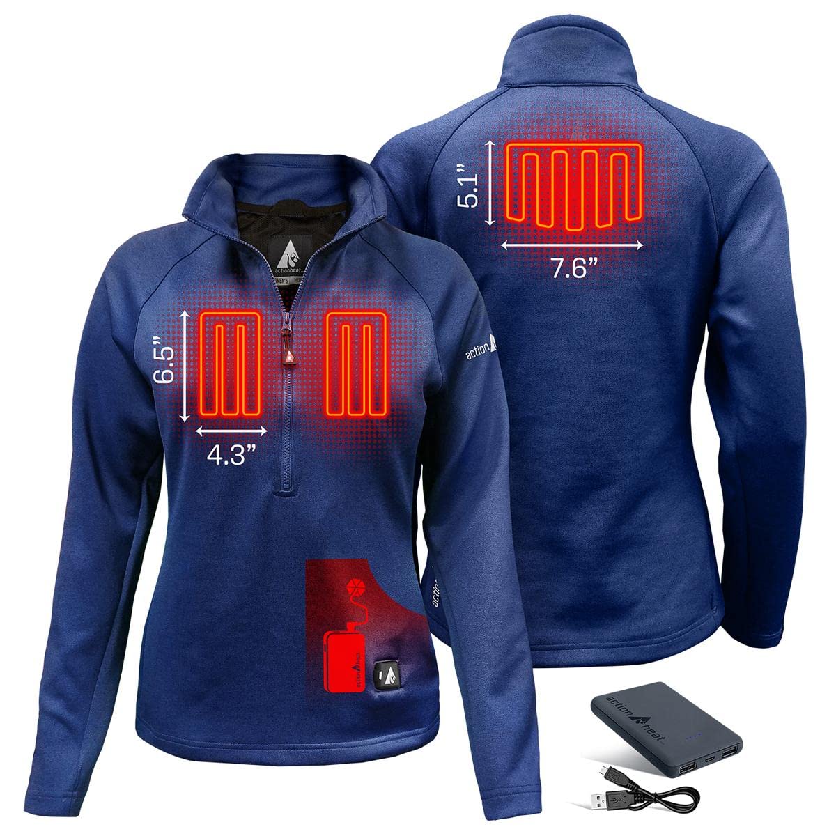 ActionHeat 5V Battery Heated 1/2 Zip Pullover Shirt for Women - 3-Zone Heating, Touch-Button Technology, Lightweight Thermal Base Layer (Blue, XS) - Perfect for Skiing, Hiking & Winter Outdoor Activities