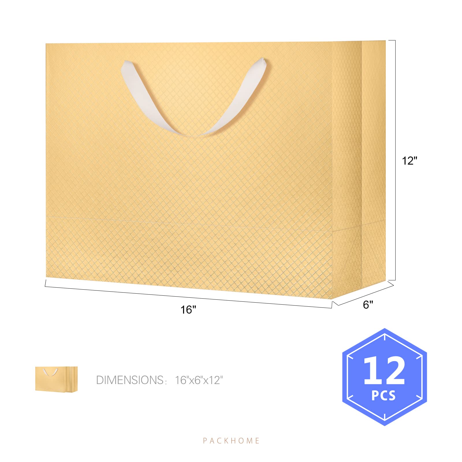Premium 12-Pack Extra Large Gold Gift Bags 16x6x12 Inches with Handles - Matte Gold Lattice Texture Luxury Gift Packaging for Birthdays, Weddings, Christmas & Special Occasions