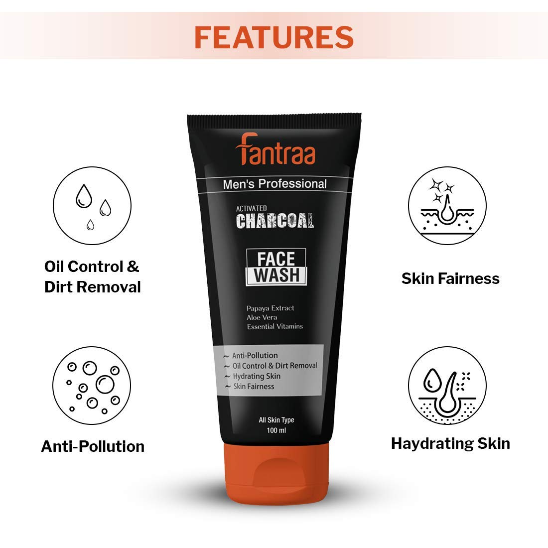 Fantraa Activated Charcoal Face Wash for Acne & Oil Control - 100ml | Anti-Pollution, Skin Brightening & Whitening | All Skin Types | Men & Women | Daily Deep Cleansing for Clearer Skin