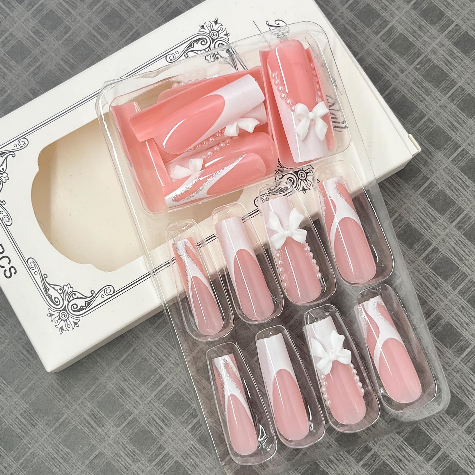 24Pcs French Tip Press on Nails - Long Square Fake Nails with Bow Rhinestone & Pearl Designs | Glossy Coffin False Nails for Women & Girls | Reusable Acrylic Nails for Parties, Weddings & Special Occasions