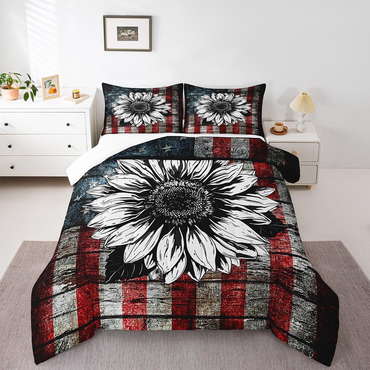 Vintage American Flag Comforter Set - Red, White & Blue Stripes with Sunflower & Stars Design | Ultra Soft All-Season Down Comforter | Full Size Bedding for Home Decor | Perfect for Patriotic Bedroom, Dorm Room & USA-Themed Room Decor