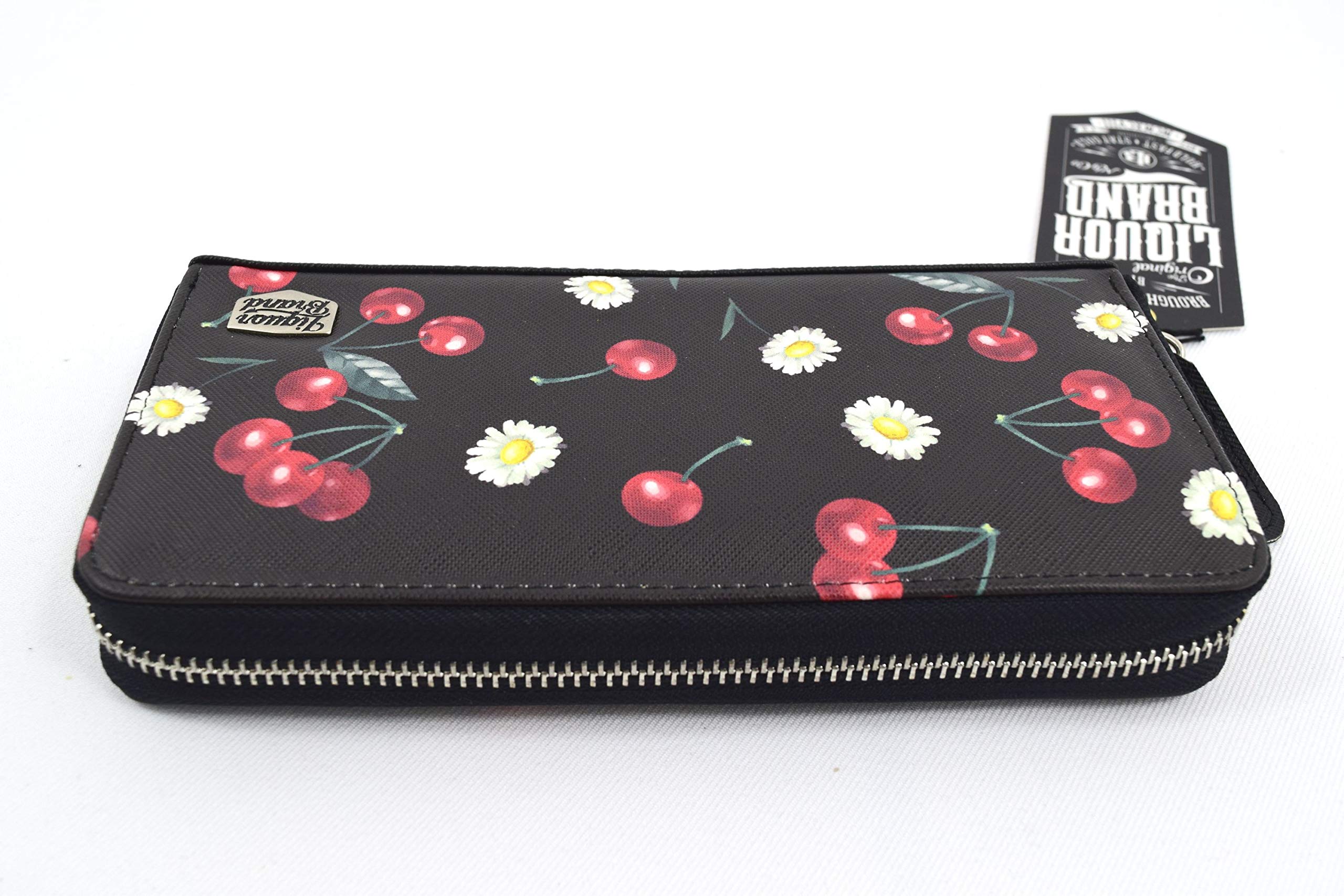 Cherry Daisy Black Zipper Wallet for Women - Stylish & Compact Leather Wallet with Multiple Card Slots - Perfect for Everyday Use, Travel, and Gifting