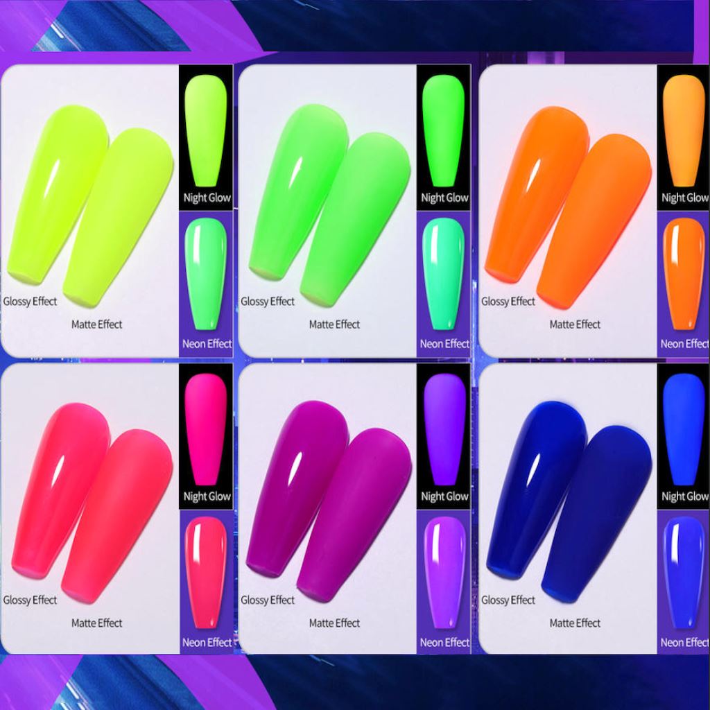 Glow in The Dark Gel Nail Polish Set - 6 Fluorescent Colors for UV & LED Lamps, Long-Lasting Nail Art Kit - Perfect for Halloween, Parties, Night Events & DIY Manicures