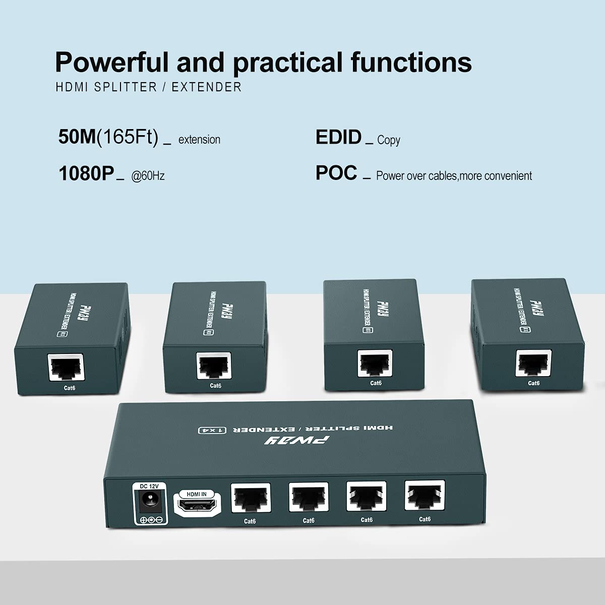 GREATHTEK 1x4 HDMI Extender Splitter Over Cat5e/Cat6/Cat7 Ethernet Cable (Up to 50m/165ft) - 4K HD Video, EDID Management, POC Function, 1080P@60Hz 3D for HDTV, PS5, Xbox Series X, Home Theater & Gaming Setup