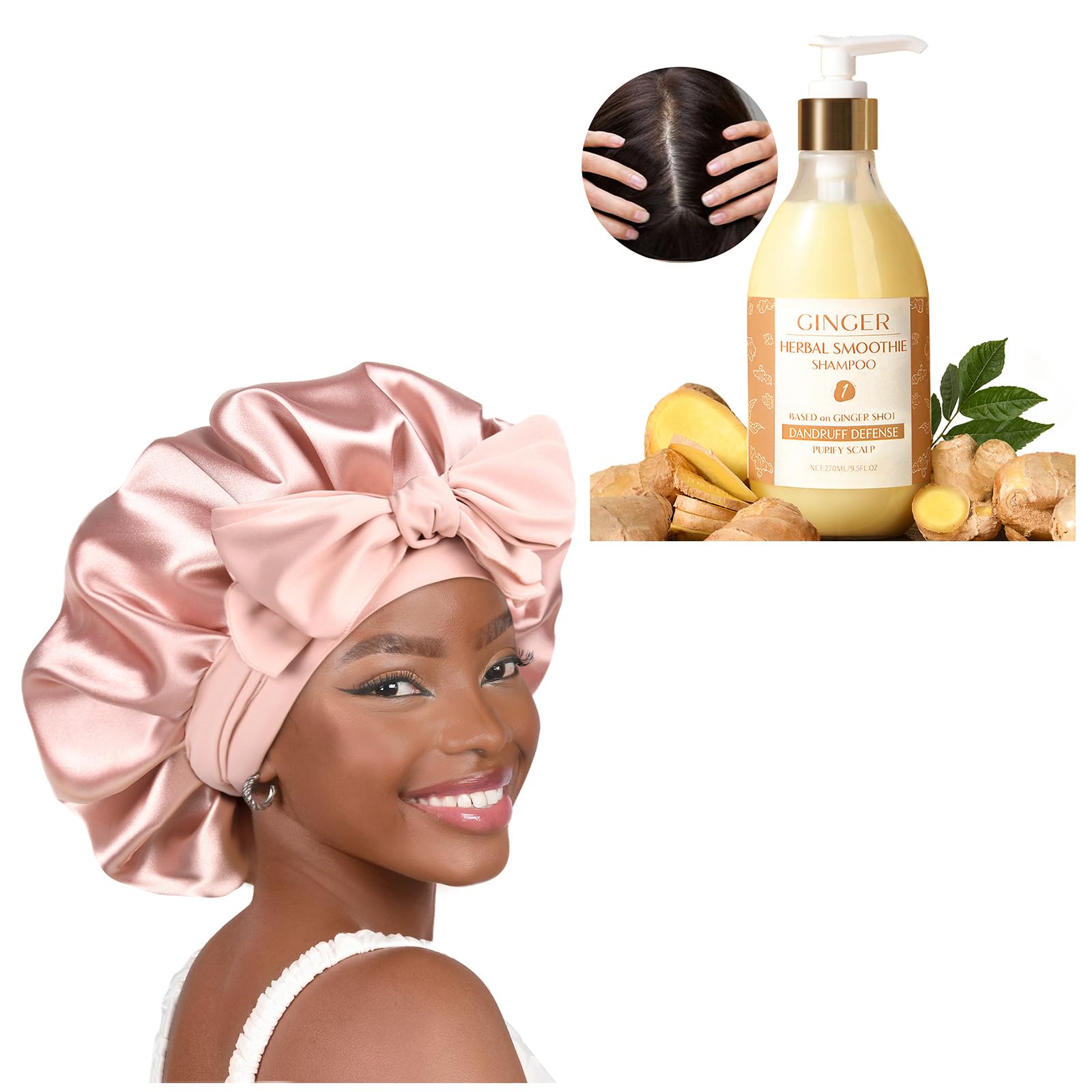 YANIBEST Anti Dandruff Shampoo with Natural Ginger Formula - Sulfate Free & Scalp Care - Perfect for Daily Use with Satin Bonnet for Hair Protection