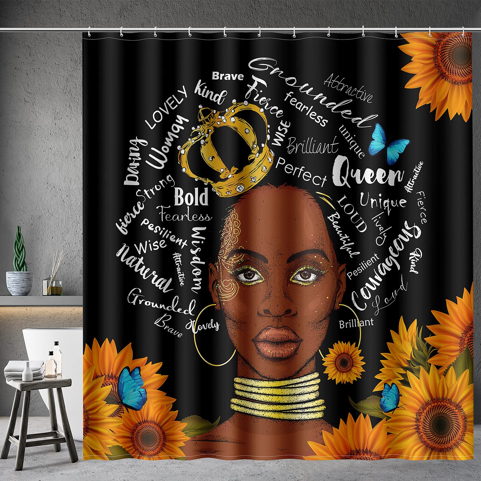 African American Shower Curtain - Black Girl with Sunflowers & Butterflies Design, Farmhouse Bathroom Decor Set with 12 Hooks, 72x72 Inches - Perfect for Vintage Style Bathrooms & Black Girl Empowerment Home Decor