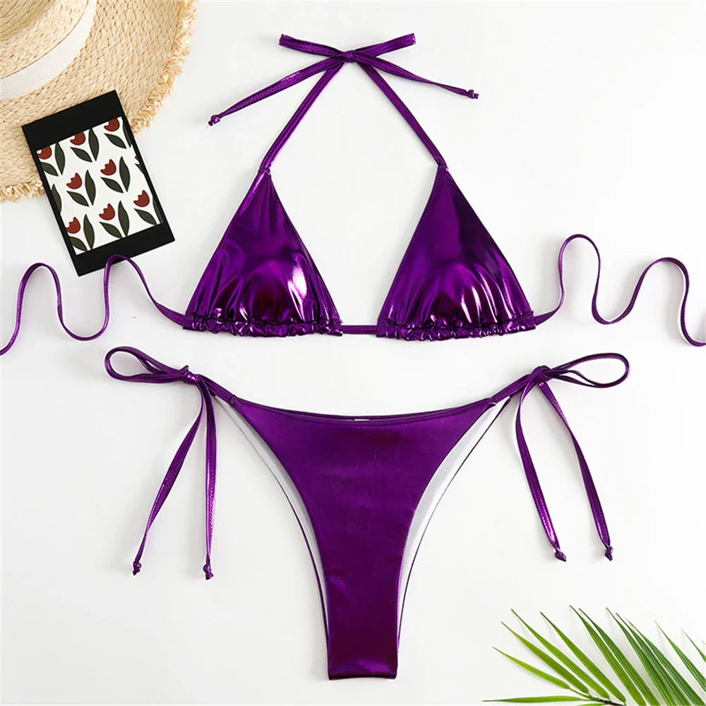 Sexy Halter Triangle Bikini Set - Women's Patent Leather Glitter Swimsuit with G-String & Side Lace Up Design | Perfect for Summer Beach Vacation, Pool Party & Tropical Getaway
