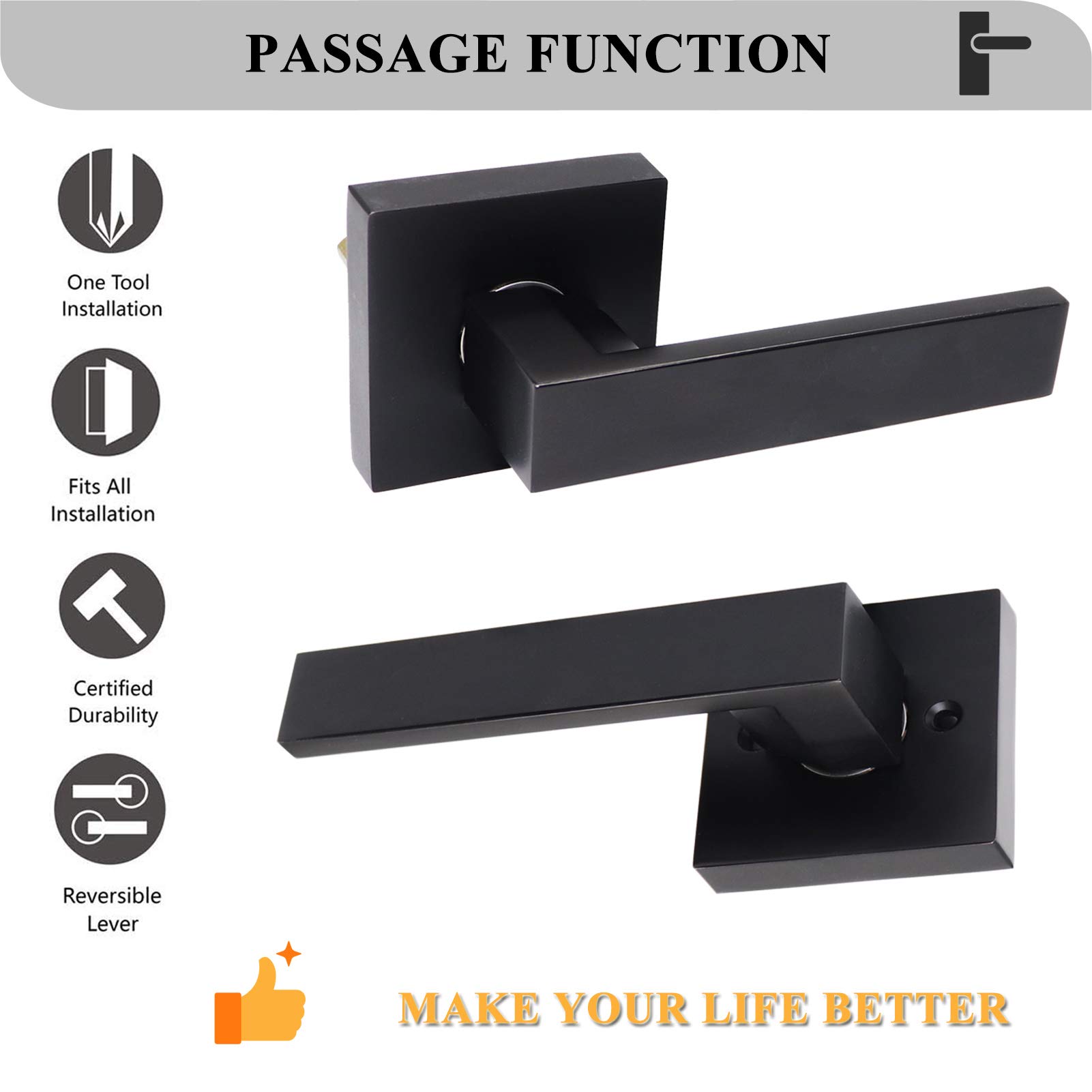 MONKEMON Matte Black Passage Door Handle - Reversible for Right & Left Side, 3 Pack - Perfect for Closet, Bedroom & Interior Doors