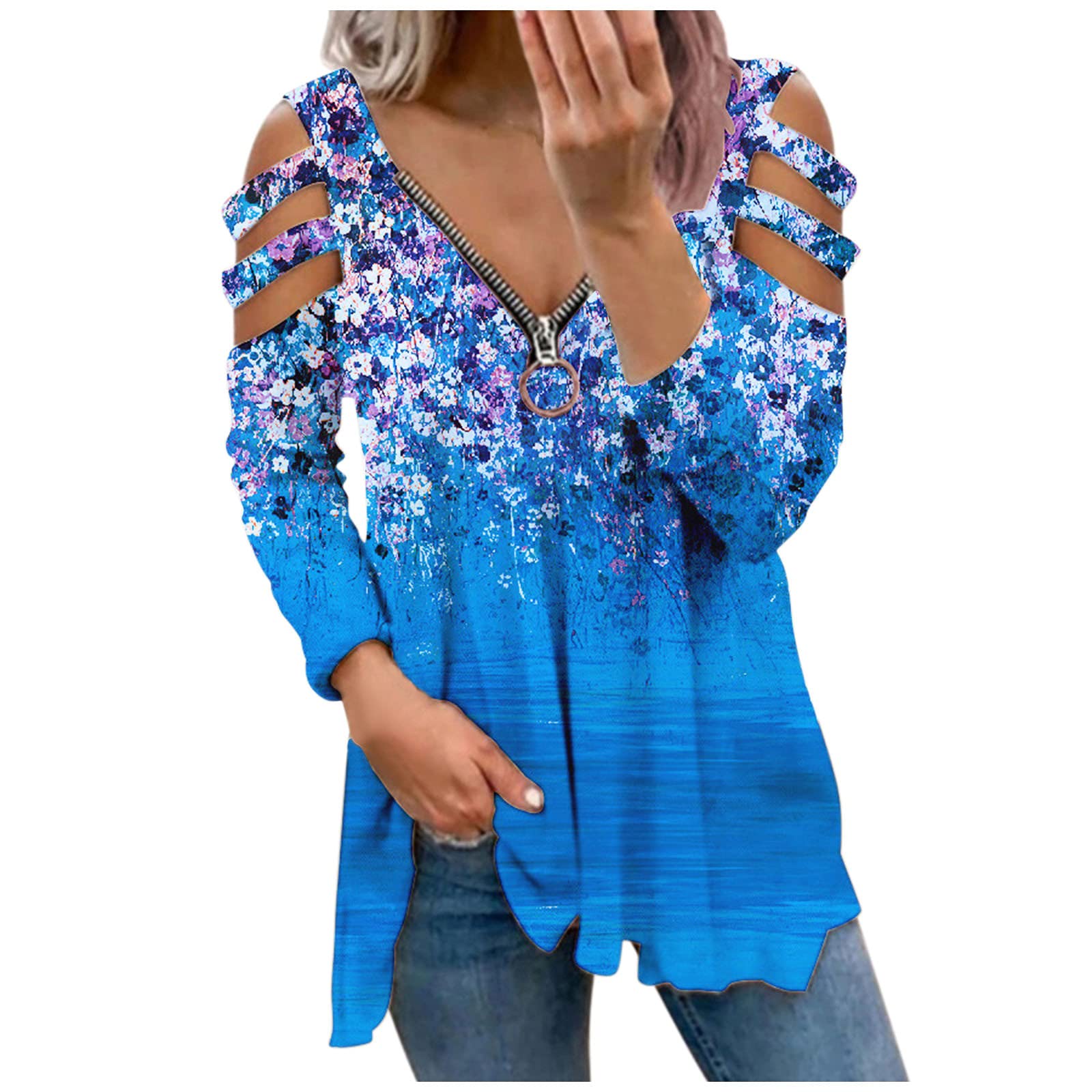 FABIURT Women's Summer Graphic Tunic Long Sleeve Tee Shirt - Casual Loose Fit Blouse with Zipper Hoodie in Dark Blue | Perfect for Beach Outings, Streetwear Fashion & Layered Fall Looks