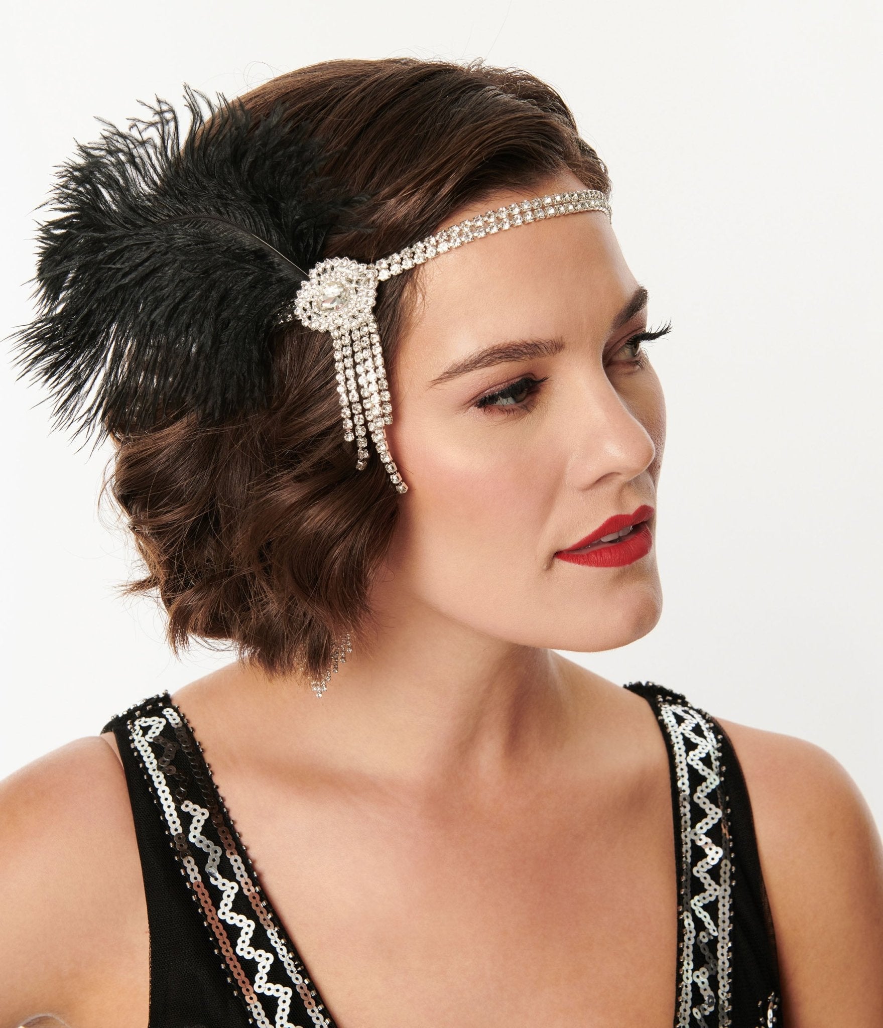 Vintage 1920s Silver Rhinestone & Black Feather Headband for Women - Roaring 20s Gatsby Party, Flapper Costume, Wedding, and Special Occasion Accessories