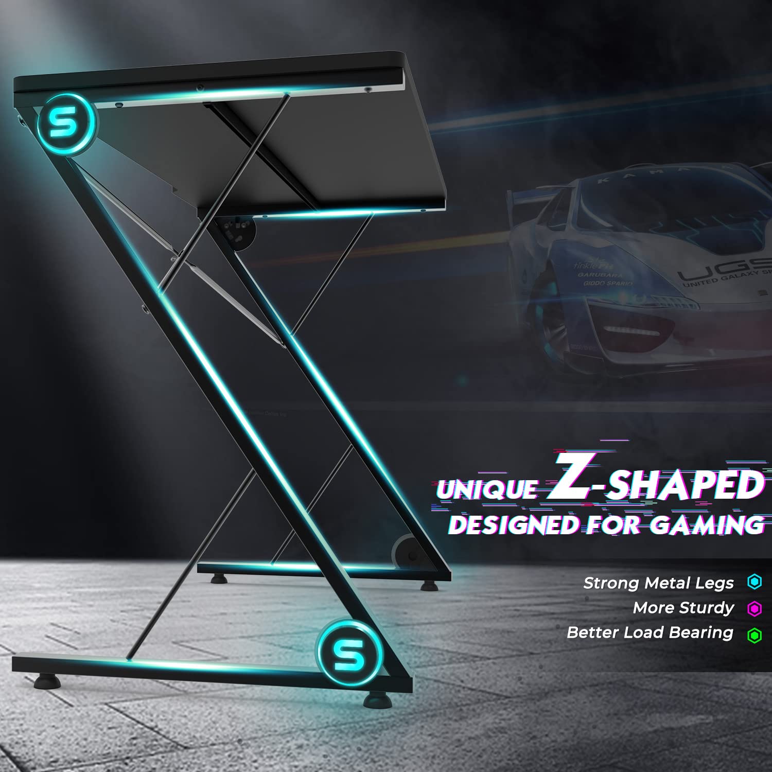 Z-Shaped Gaming Desk with LED Lights - Ergonomic Computer Desk for PC Gaming & Home Office Work - Space-Saving Black Gaming Table for Small Rooms | Perfect for Streamers & Gamers