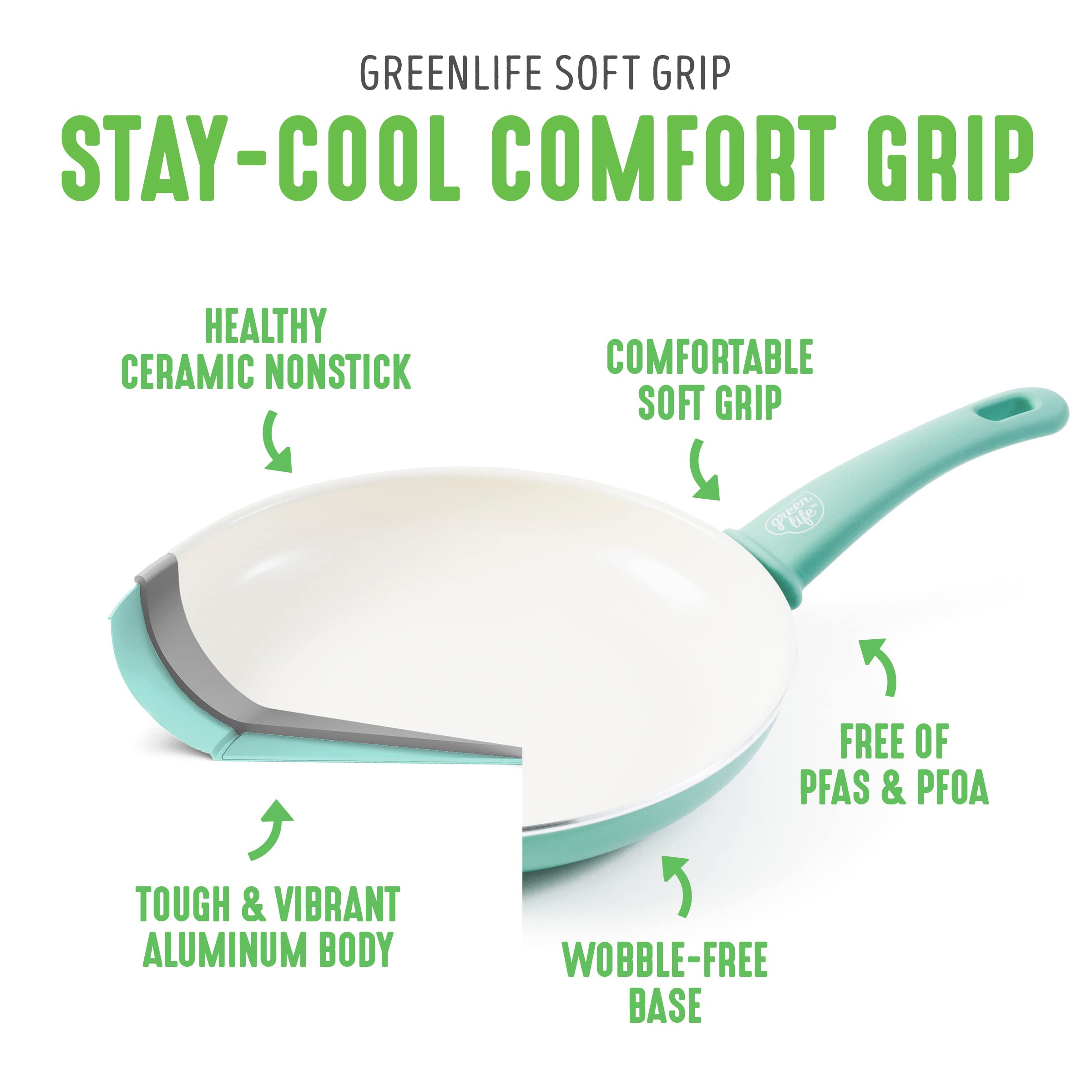 GreenLife Soft Grip 16-Piece Non-Toxic Ceramic Nonstick Cookware Set - PFAS-Free Pots, Pans, Frying & Saute Pans with Glass Lids - Stay-Cool Handles, Wobble-Free Bases - Dishwasher & Oven Safe - Turquoise - Perfect for Healthy Cooking, Family Meals & Everyday Kitchen Use