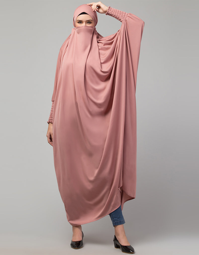 Elegant Arabic Smoking Sleeve Tie-Back Jilbab - Ready to Wear Full Size Knit Abaya in Mauve Pink | Perfect for Prayer, Modest Fashion & Special Occasions