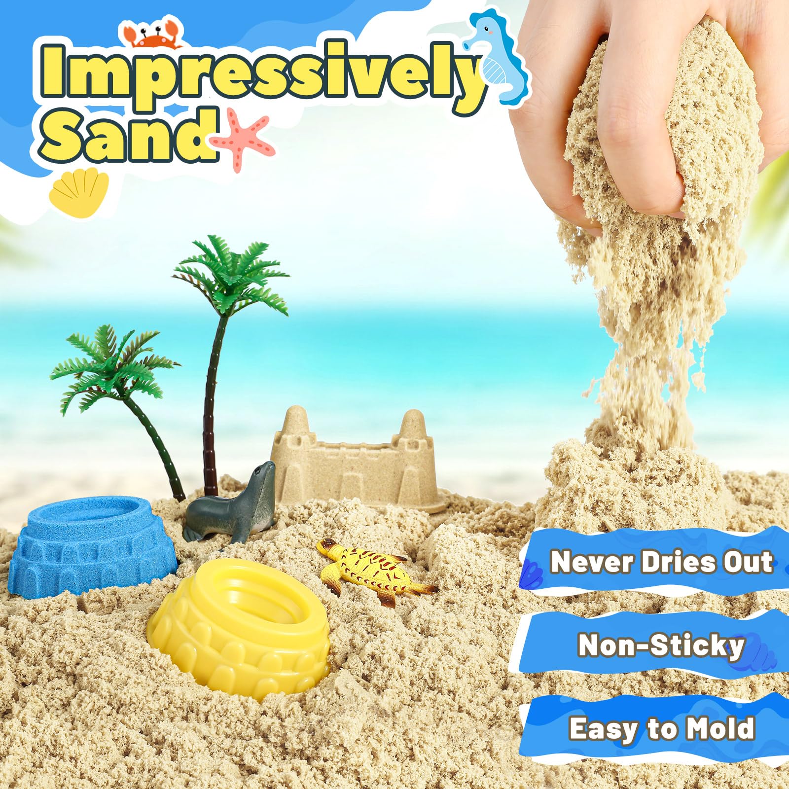 FRUSE Ocean Sensory Bin - 2.2lbs Play Sand Kit with 12 Sea Animal Toys & Sand Molds | Beach Themed Sensory Play for Toddlers Ages 3-7 | Perfect for Preschool Learning, Birthday Gifts & Indoor/Outdoor Sandbox Play