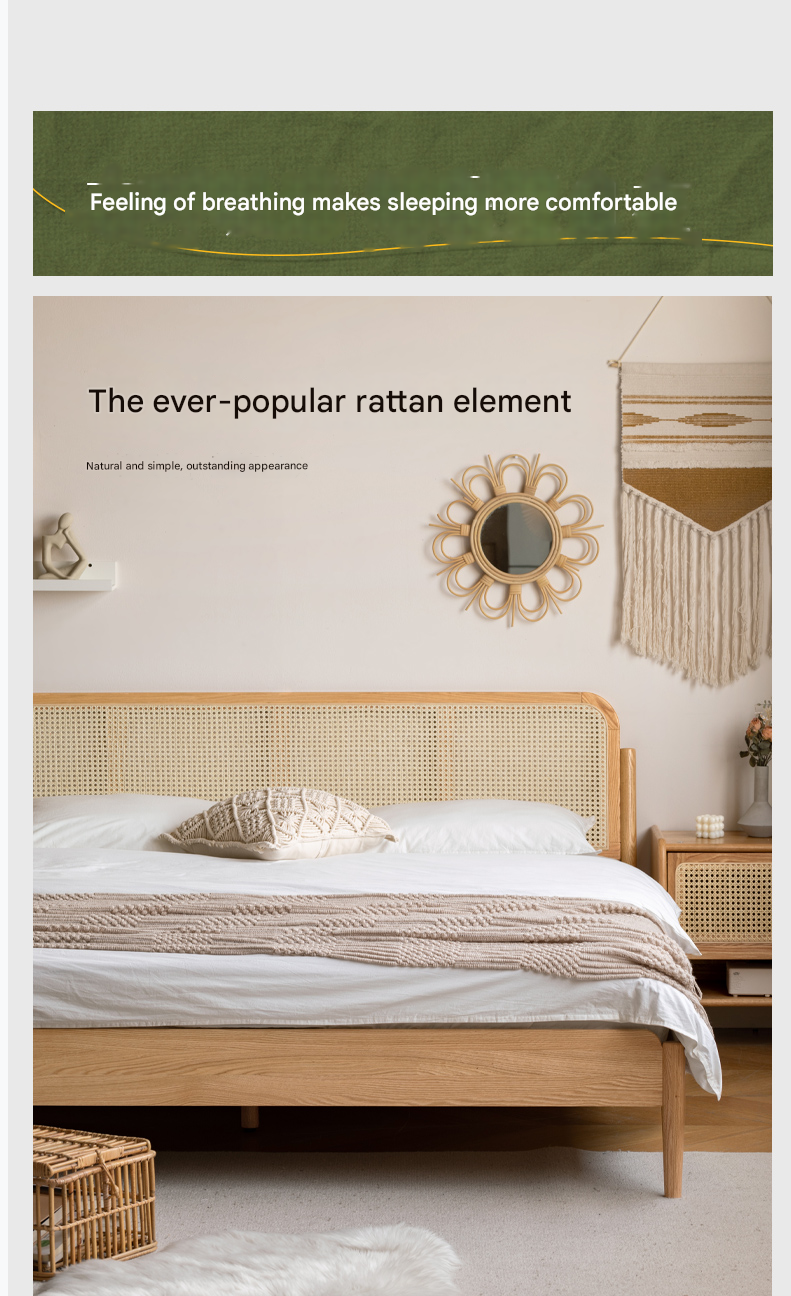 Solid Oak Wood Rattan Bed Frame - Queen Size, Natural Finish - Perfect for Bedroom, Guest Room & Farmhouse Decor